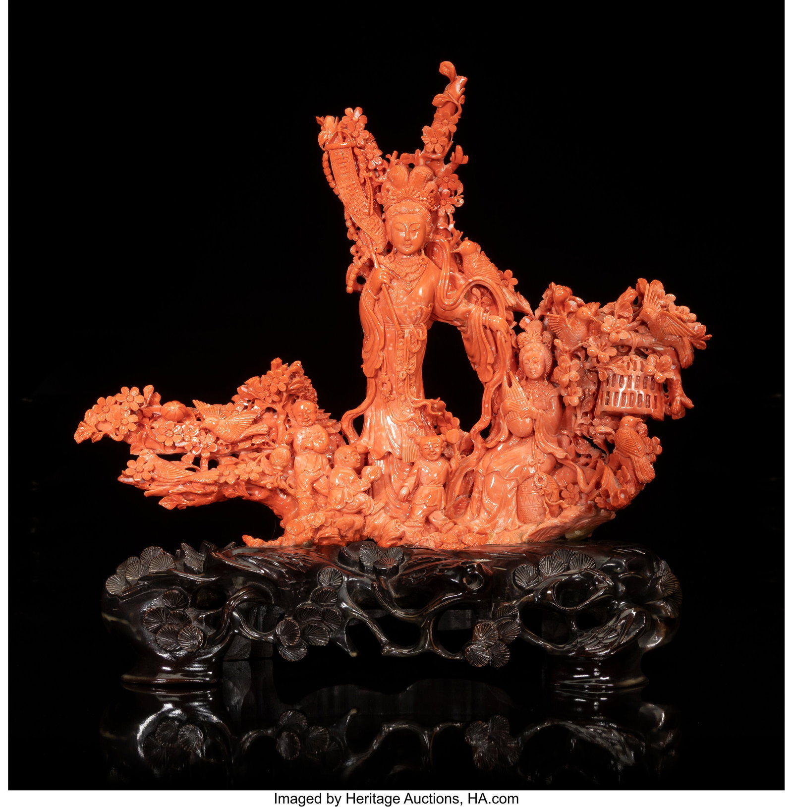 An Exceptionally Large Chinese Carved Coral Figu: An Exceptionally Large Chinese Carved Coral Figural Group, 20th century 14 x 14-3/4 x 5 inches (35.6 x 37.5 x 12.7 cm) (overall) 3356 grams (ove