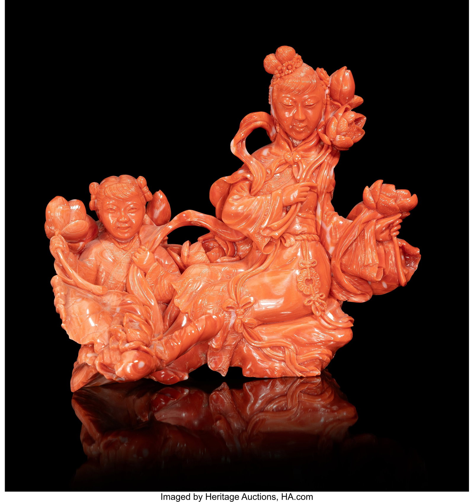 A Chinese Carved Coral Figural Group, 20th centu: A Chinese Carved Coral Figural Group, 20th century 5-3/8 x 6-1/8 x 4-1/2 inches (13.7 x 15.6 x 11.4 cm) 840 grams Property from the Collection of Jack 
