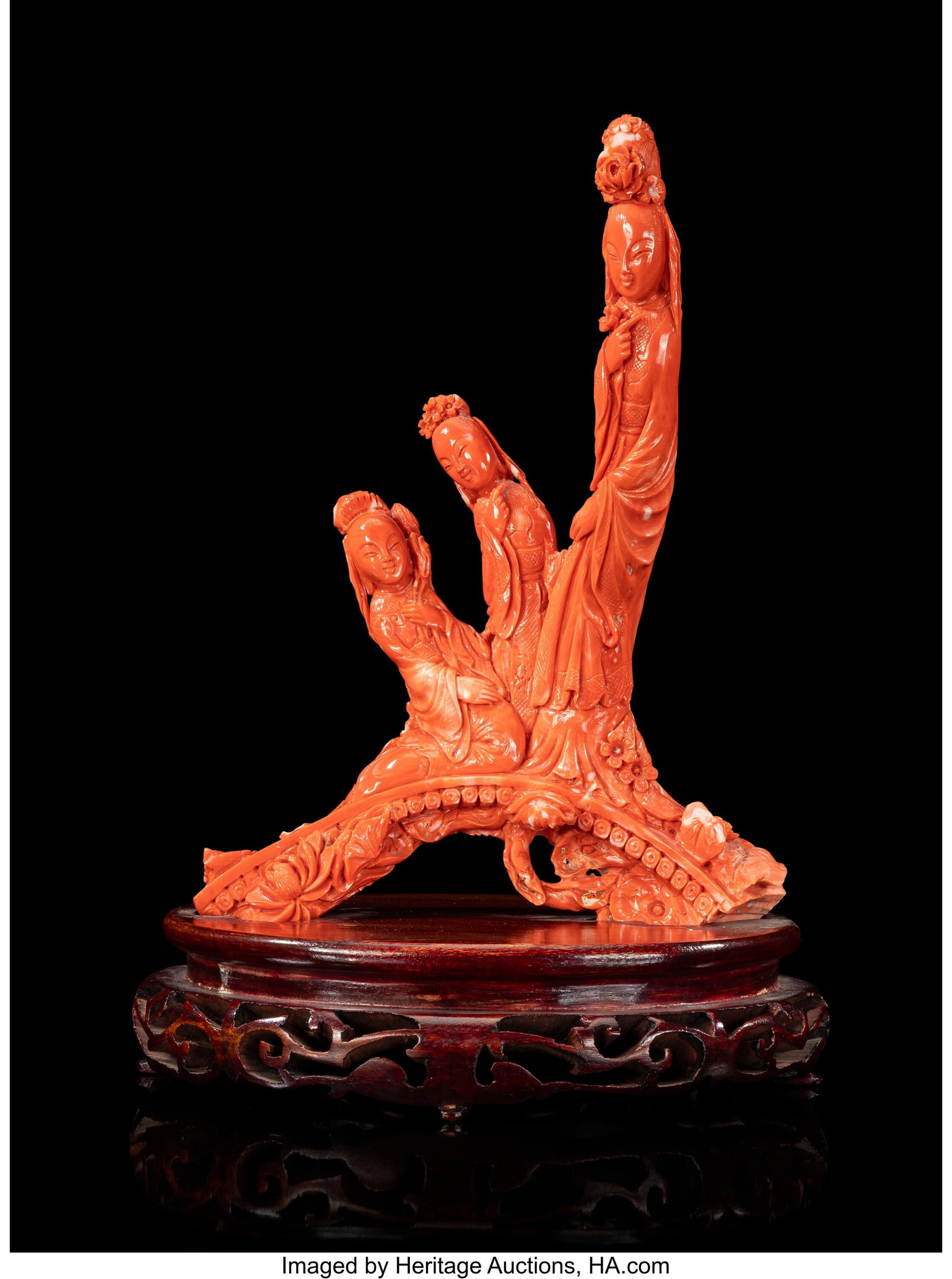 A Chinese Carved Coral Figural Group of Three Be: A Chinese Carved Coral Figural Group of Three Beauties, 20th century 9-1/2 x 7-1/4 x 2 inches (24.1 x 18.4 x 5.1 cm) 1237 grams (overall) intrica