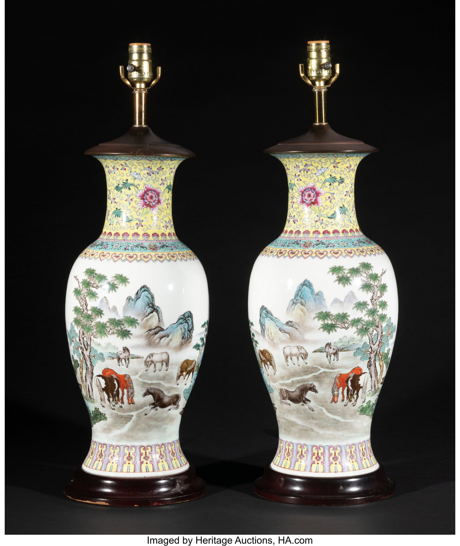 Two Chinese Famille Rose 'Horses' Vases Mounted : Two Chinese Famille Rose 'Horses' Vases Mounted as Lamps, Republic period 25-1/2 x 7-1/2 inches (64.8 x 19.1 cm) (diam., each) each of balu