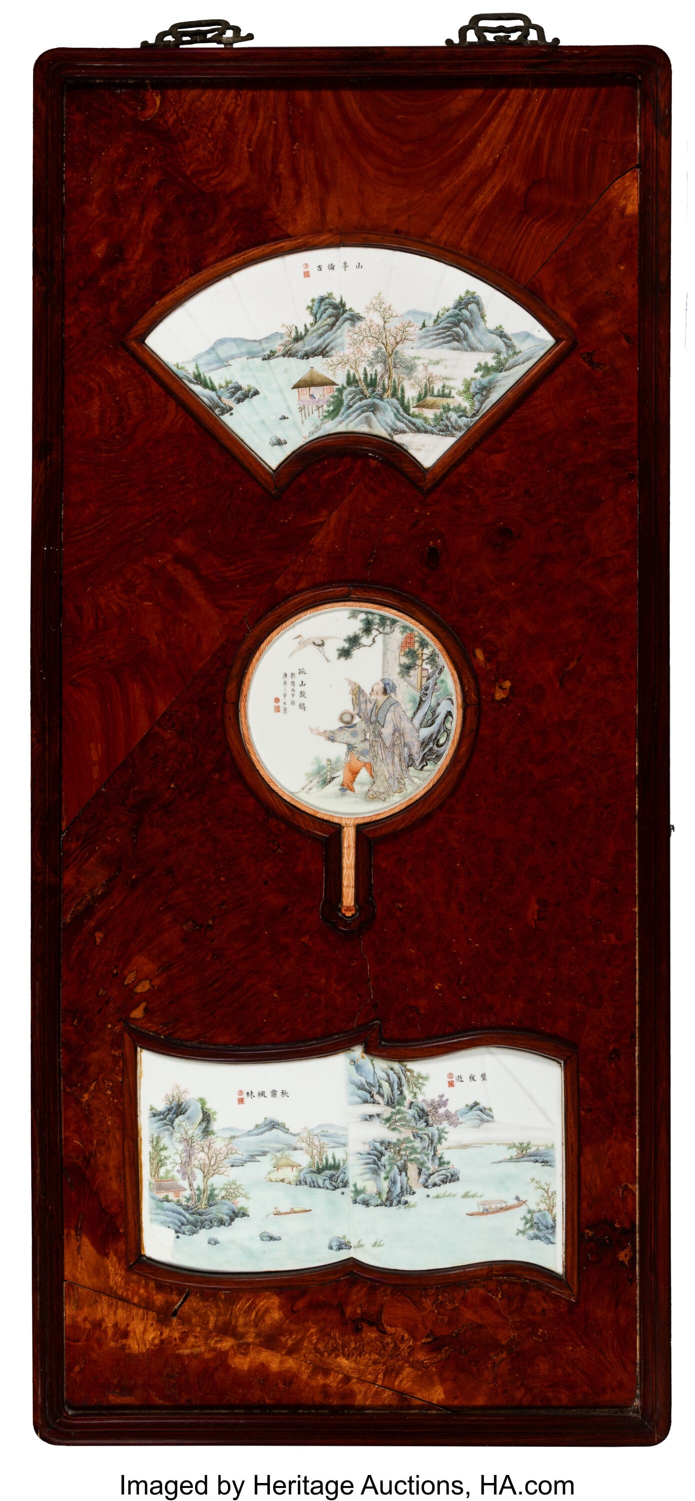 A Wood Hanging Panel with Inset Chinese Famille : A Wood Hanging Panel with Inset Chinese Famille Rose Plaques, Republic period 7-3/4 x 14-1/2 inches (largest, work) 48 x 22 x 1 inches (121.9 x 55.9 x 