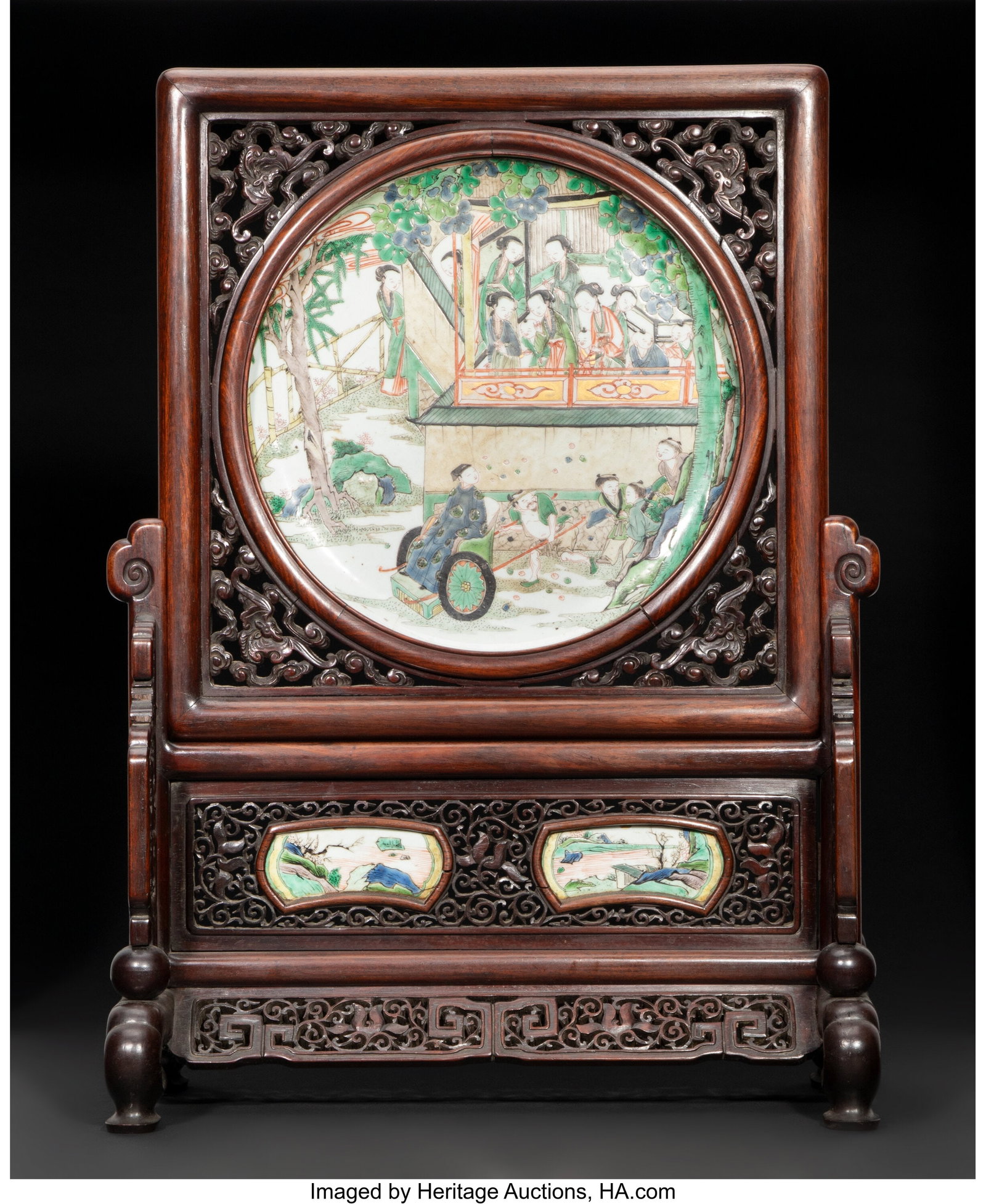 A Chinese Famille Verte Charger Mounted as a Tab: A Chinese Famille Verte Charger Mounted as a Table Screen, Kangxi period 1 x 10-7/8 inches (2.5 x 27.6 cm) (work) 23 x 16-1/4 x 8-1/4 inches (o