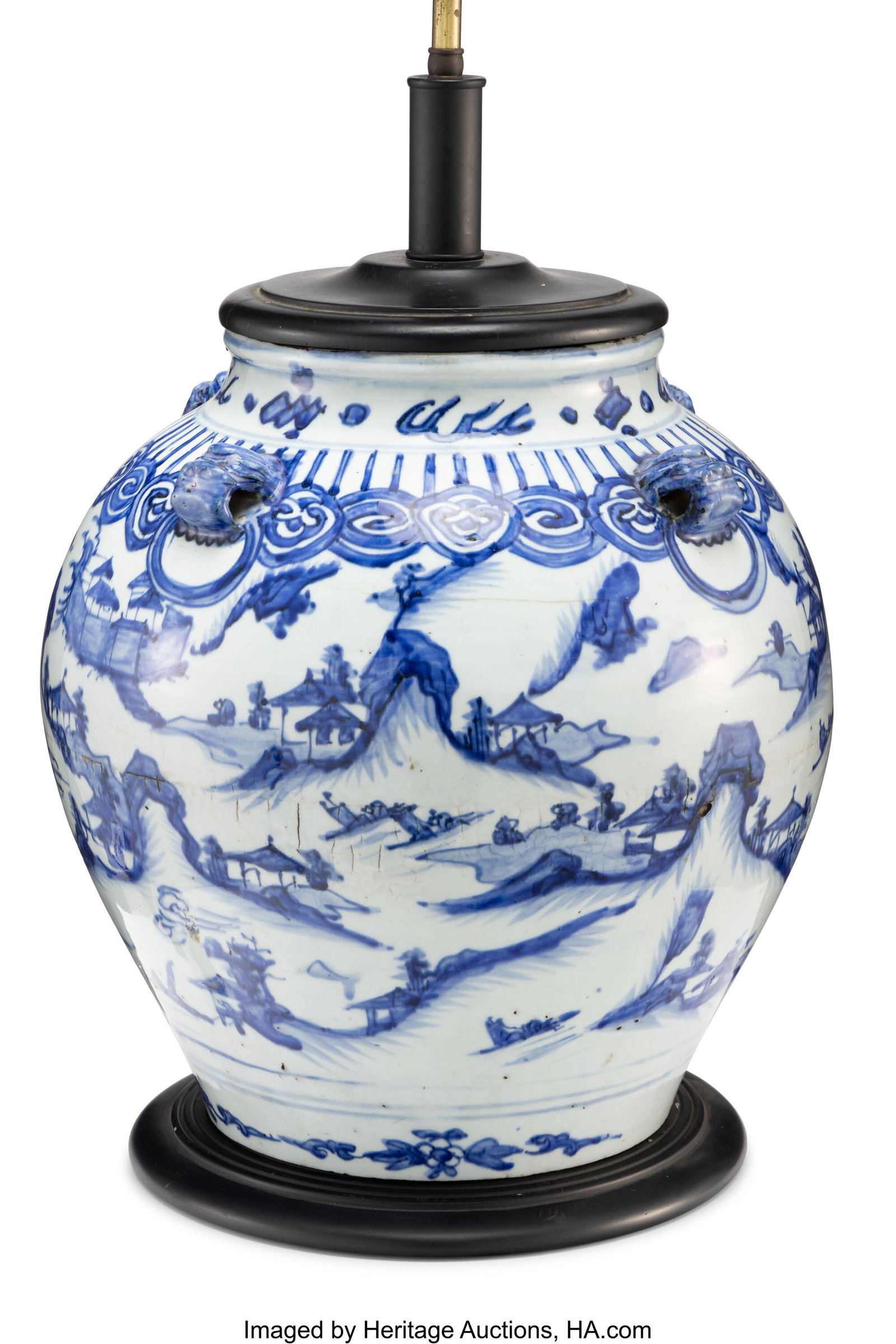 A Large Chinese Blue and White Handled Jar, Wanl: A Large Chinese Blue and White Handled Jar, Wanli period 14-1/4 x 13-1/2 inches (36.2 x 34.3 cm) (work) (diam.) the bulbous body flanke