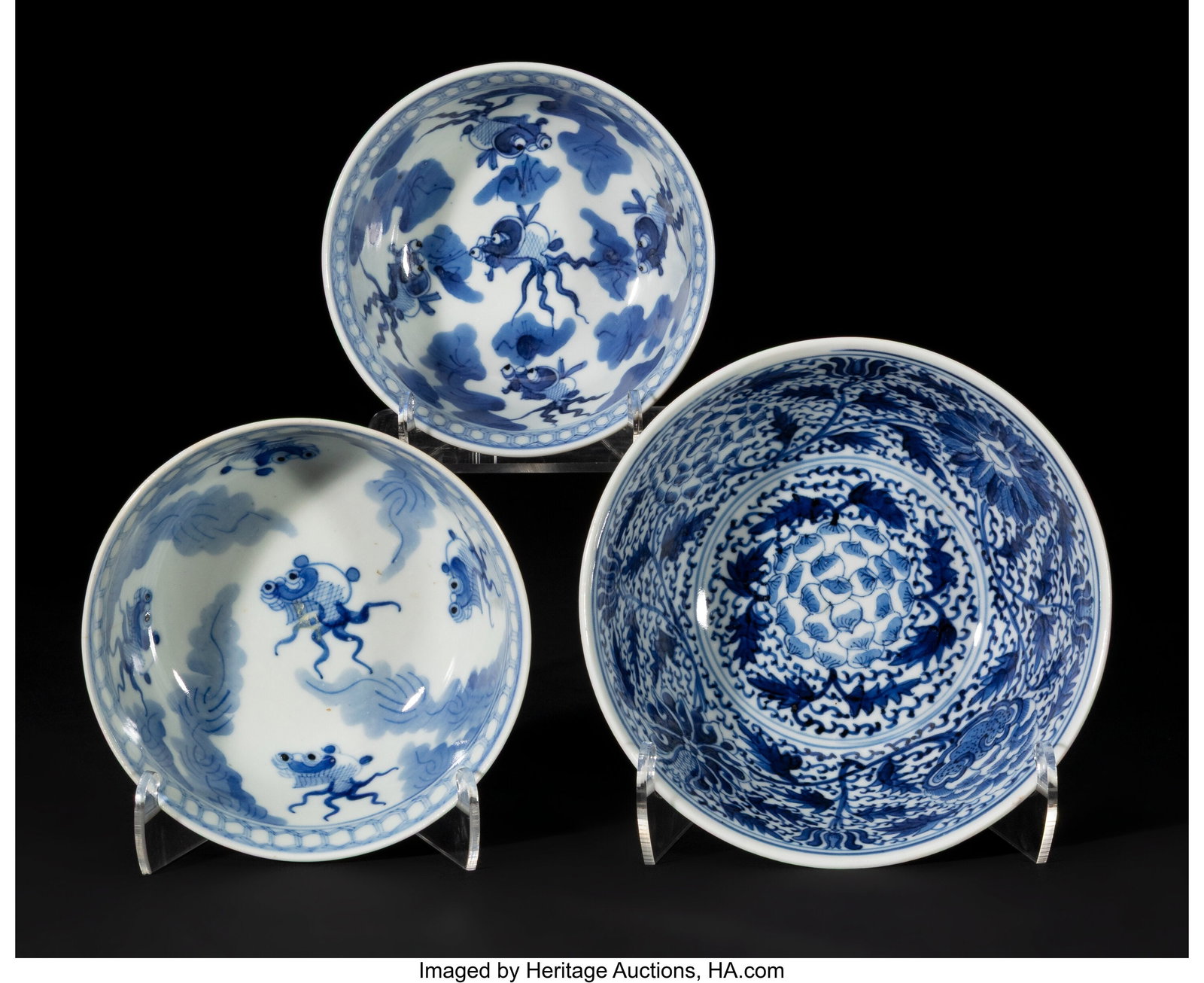 A Group of Three Chinese Blue and White and Café-au-Lait Bowls, late Qing dynasty (1 of 3)