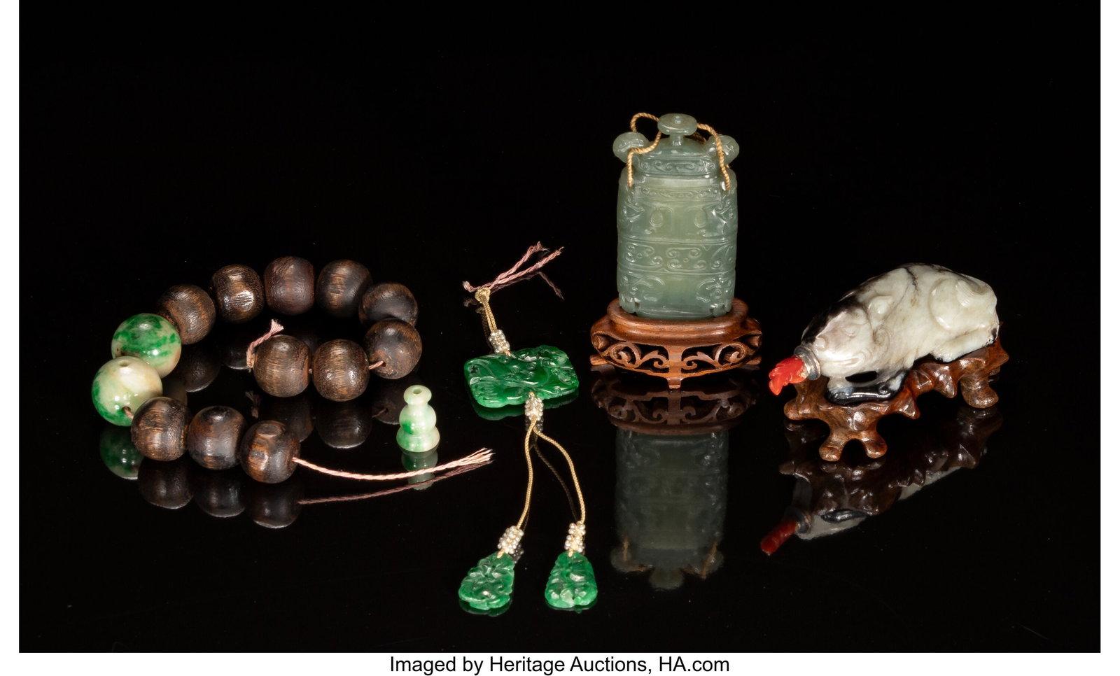 Two Chinese Carved Jade Snuff Bottles and Agarwo: Two Chinese Carved Jade Snuff Bottles and Agarwood Prayer Beads with Jadeite & Seed Pearls, Qing dynasty and later 2-7/8 x 1-1/4 x 1-5/8 inches (7.3 x 3.2 x 4&