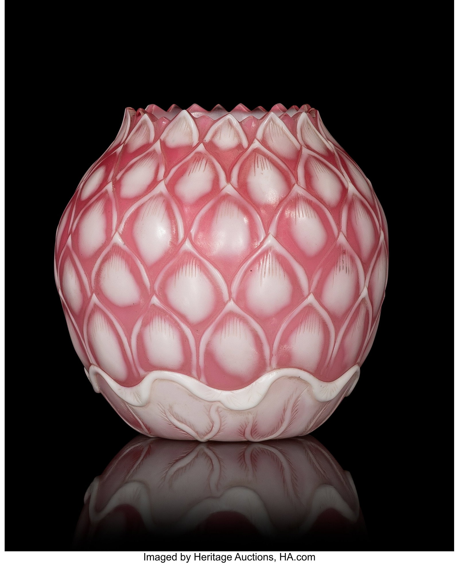 A Chinese Peking Glass Pink-Ground and White Ove: A Chinese Peking Glass Pink-Ground and White Overlay 'Lotus' Jarlet, late Qing dynasty Marks: incised four-character Qianlong mark 2-3/4 x 3 inches (7.0 x 7.6 cm&rpa