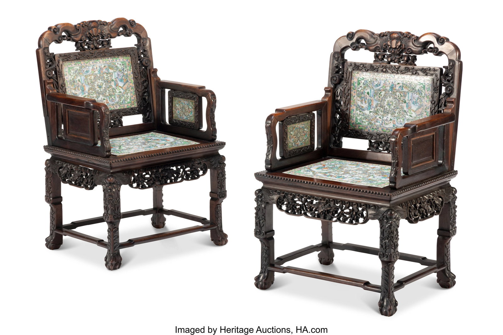 A Pair of Chinese Hardwood Armchairs with Inset : A Pair of Chinese Hardwood Armchairs with Inset Famille Rose Plaques, early 20th century 36 x 23 x 17-3/4 inches (91.4 x 58.4 x 45.1 cm) (each) each 