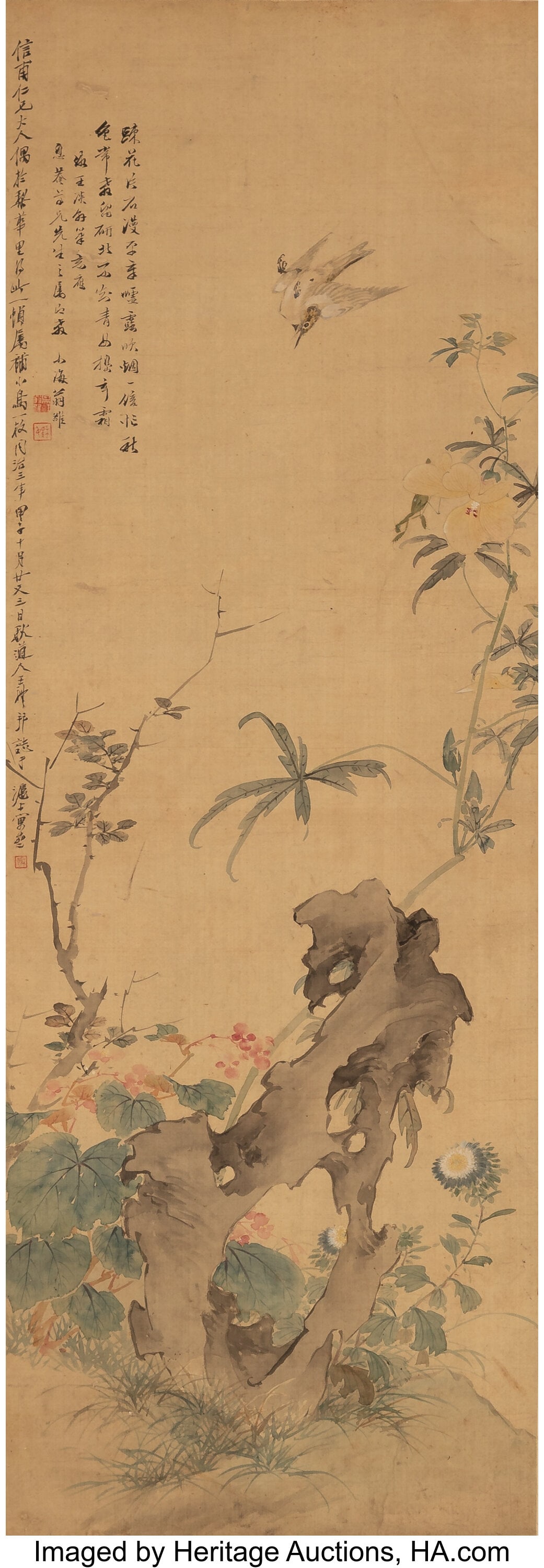 Weng Luo (Chinese, 1790-1849) Sparrow and Flower: Weng Luo (Chinese, 1790-1849) Sparrow and Flowers Hanging scroll; ink and color on silk 88 x 23 inches (223.5 x 58.4 cm) (overall) 46-7/8 x 1