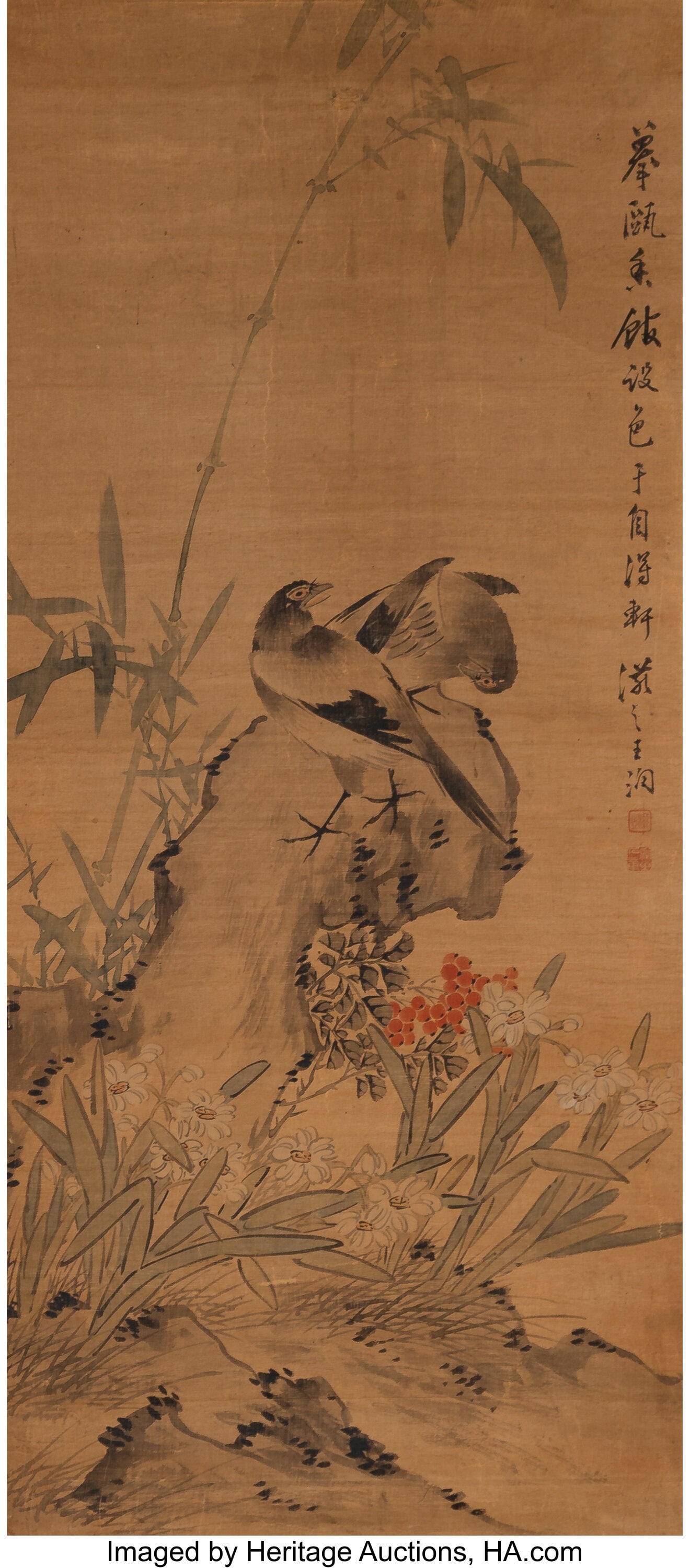 Wang Run (Chinese, Qing dynasty) Birds, Narcissu: Wang Run (Chinese, Qing dynasty) Birds, Narcissus, Berries and Bamboo, 19th century Ink and color on silk 49 x 20-1/8 inches (124.5 x 51.1 cm&r