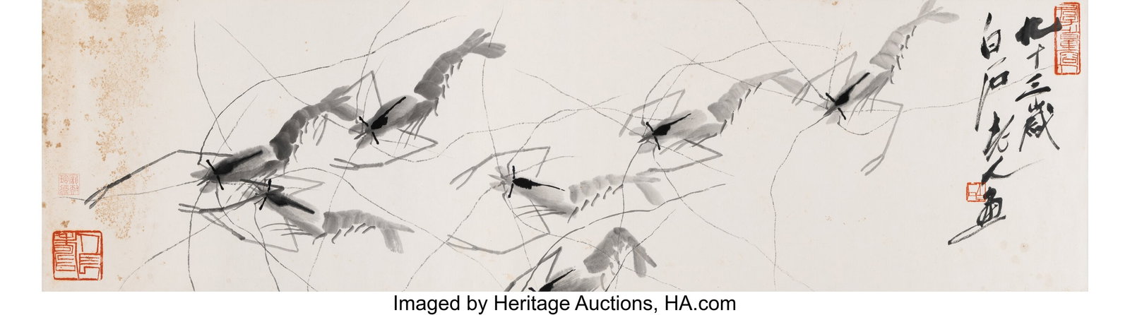 Qi Baishi (Chinese, 1864-1957) Shrimp, 1953 Ink : Qi Baishi (Chinese, 1864-1957) Shrimp, 1953 Ink on paper 17 x 58-1/2 inches (43.2 x 148.6 cm) (overall) 13-1/2 x 49-1/2 inches &lpar