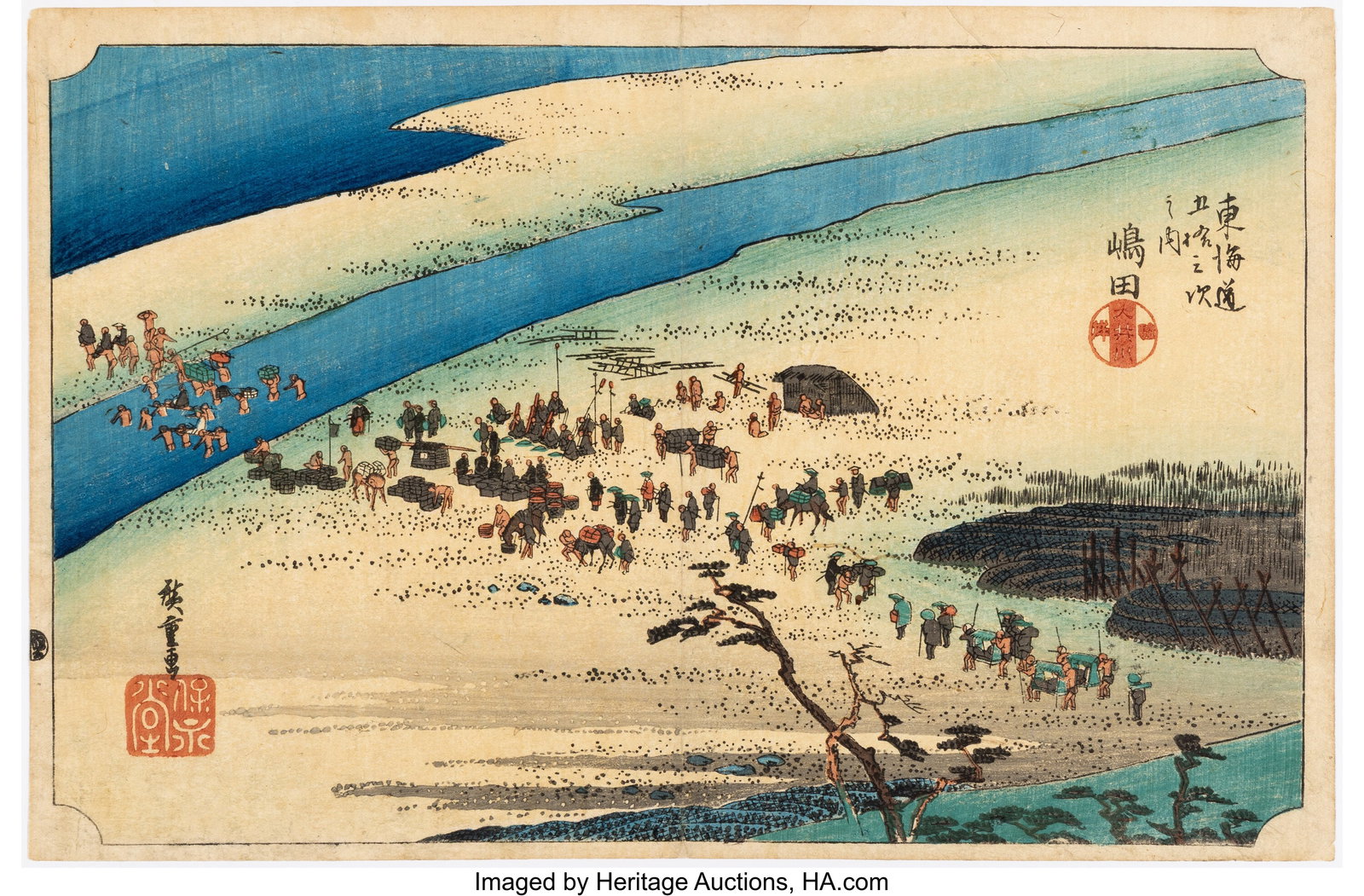 Utagawa Hiroshige I (Japanese, 1797-1858) Shimad: Utagawa Hiroshige I (Japanese, 1797-1858) Shimada, the Suruga Bank of the Oi River (Shimada, Oigawa Sungan), from the series Fifty-three Stations of the Tok