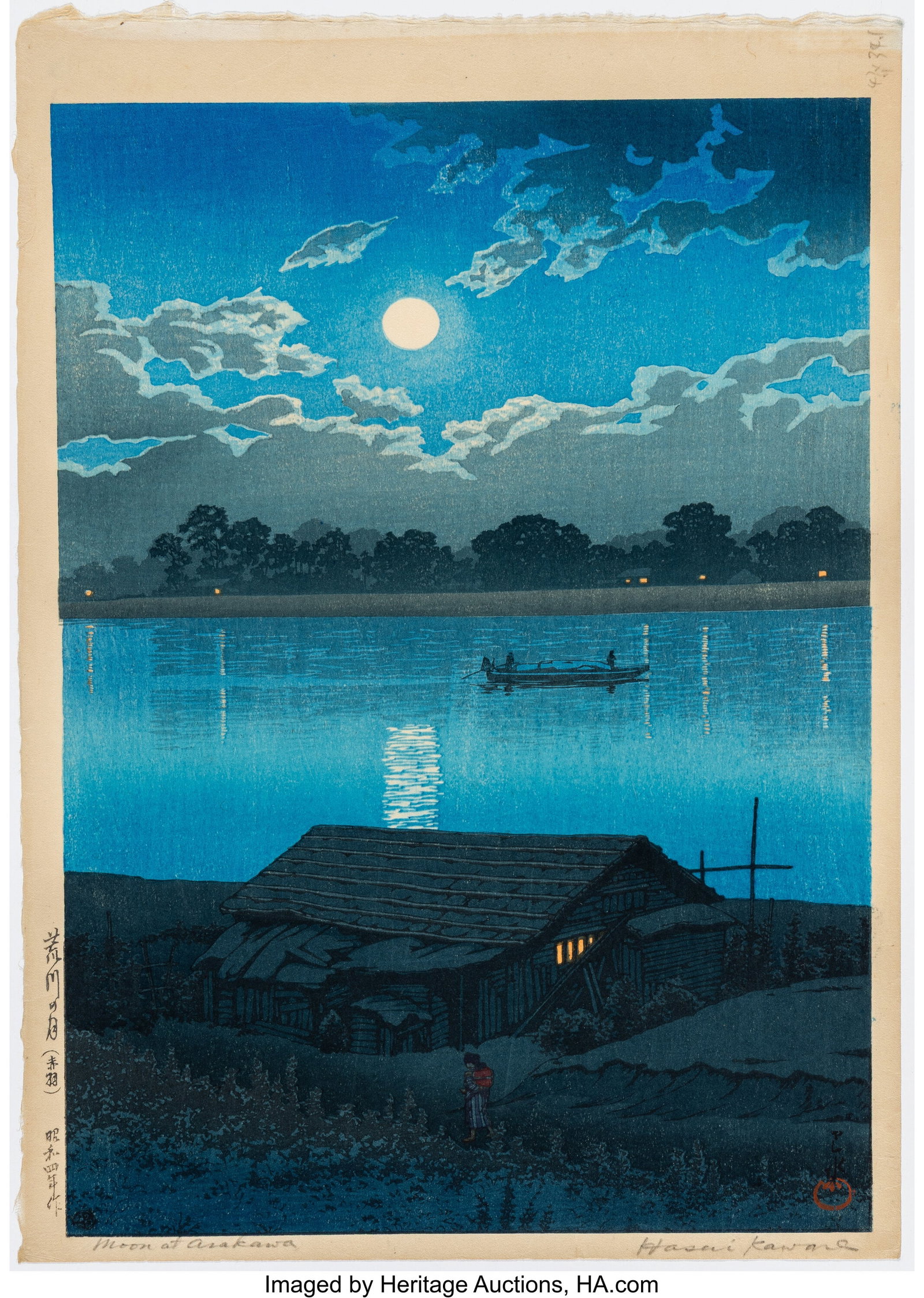 Kawase Hasui (Japanese, 1883-1957) Moon on the A: Kawase Hasui (Japanese, 1883-1957) Moon on the Arakawa River in Akabane (Arakawa no tsuki, Akabane), from the series Twenty Views of Tokyo (Tokyo nijukei&rpa