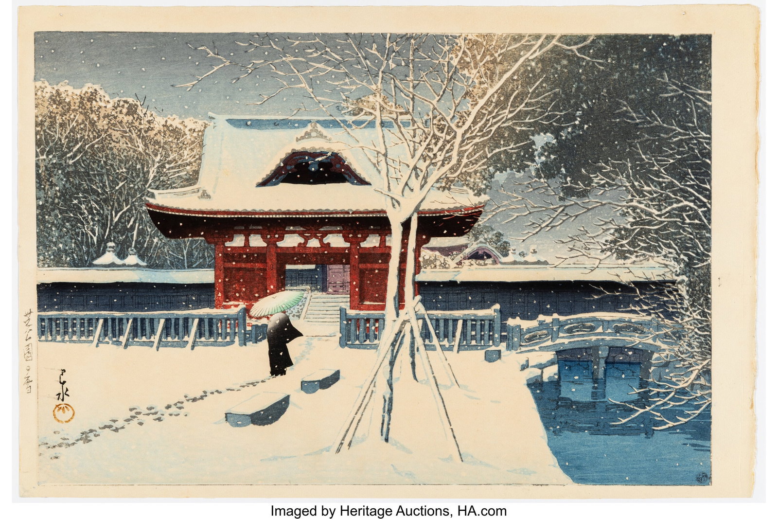 Kawase Hasui (Japanese, 1883-1957) Snow at Shiba: Kawase Hasui (Japanese, 1883-1957) Snow at Shiba Park (Shiba koen no yuki), 1931 Woodblock print 10-3/8 x 15-3/4 inches (26.4 x 40.0 cm)