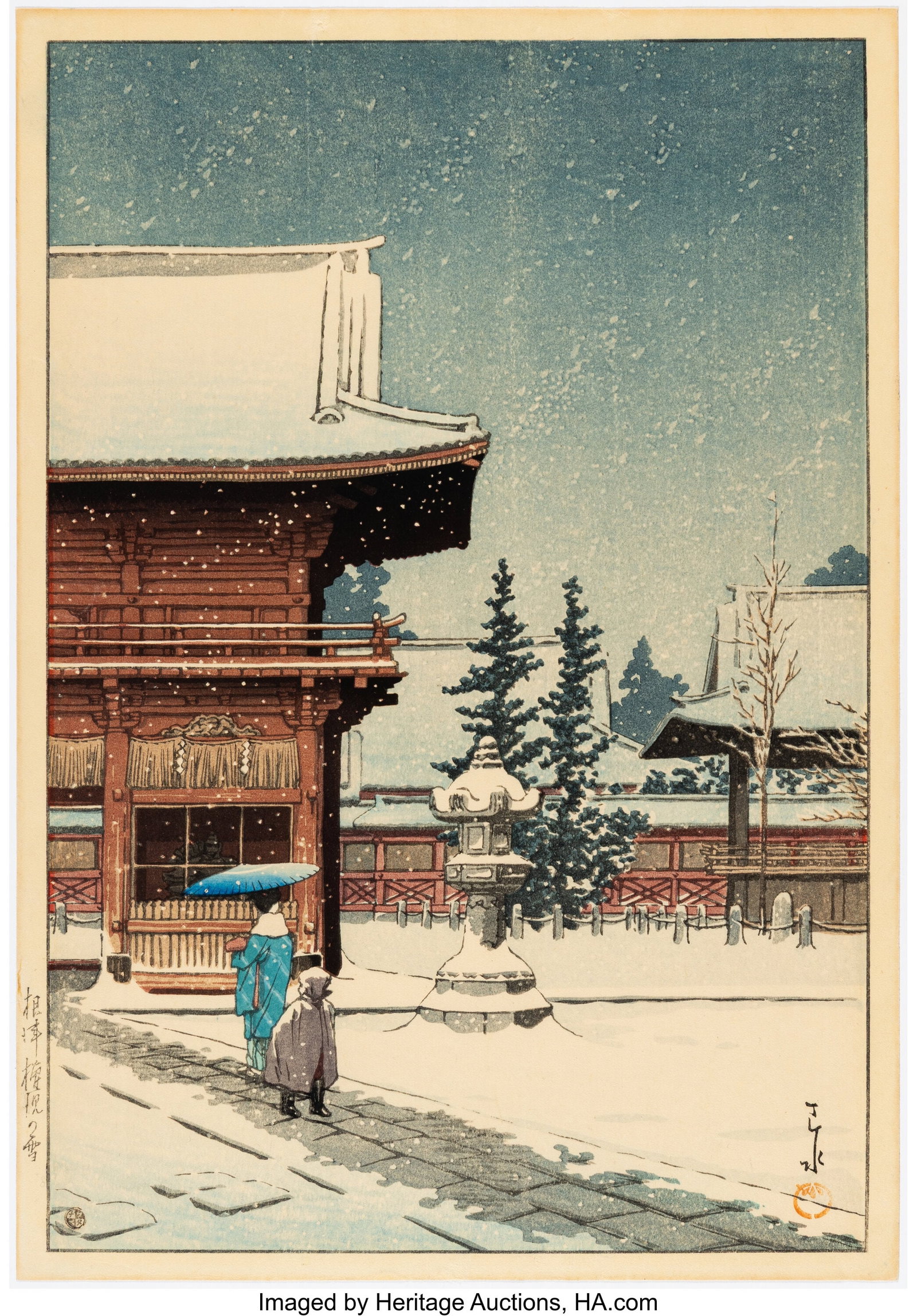 Kawase Hasui (Japanese, 1883-1957) Snow at Nezu-: Kawase Hasui (Japanese, 1883-1957) Snow at Nezu-Gongen Shrine (Nezu-gongen no yuki), from the series Collection of Scenic Views of Japan: Eastern Japan (Niho