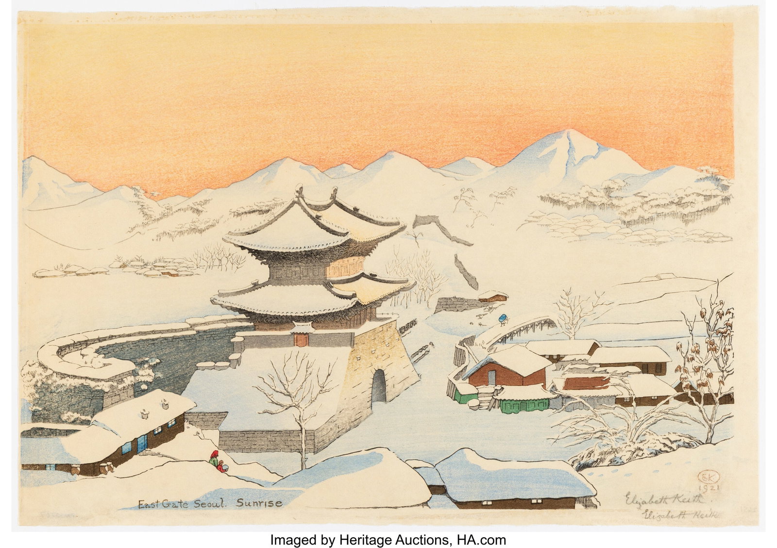 Elizabeth Keith (Scottish, 1887-1956) East Gate,: Elizabeth Keith (Scottish, 1887-1956) East Gate, Seoul - Sunrise, 1921 Woodblock print 12-1/2 x 17-7/8 inches (31.8 x 45.4 cm) (sheet&c