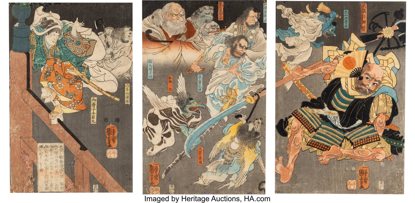 Utagawa Kuniyoshi (Japanese, 1798-1861) Ushiwaka: Utagawa Kuniyoshi (Japanese, 1798-1861) Ushiwakamaru Fights Benkei on Gojo Bridge with the Help of the Tengu (Triptych), 1850 Woodblock print 14-1/2 x 10 inches &lp