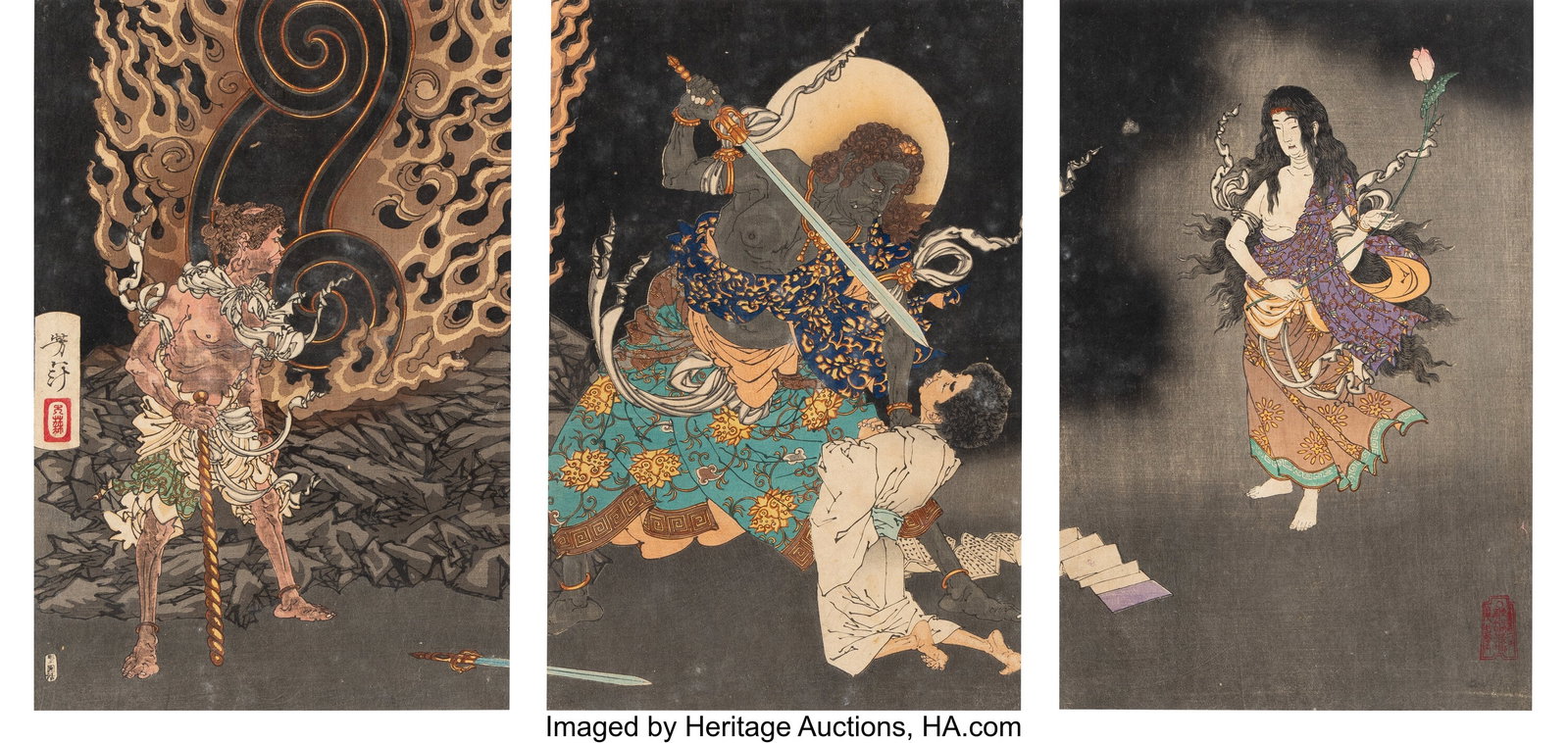 Tsukioka Yoshitoshi (Japanese, 1839-1892) Fudo M: Tsukioka Yoshitoshi (Japanese, 1839-1892) Fudo Myoo Threatening Yuten (triptych), 1885 Woodblock print 14 x 9-1/2 inches (35.6 x 24.1 cm) &l