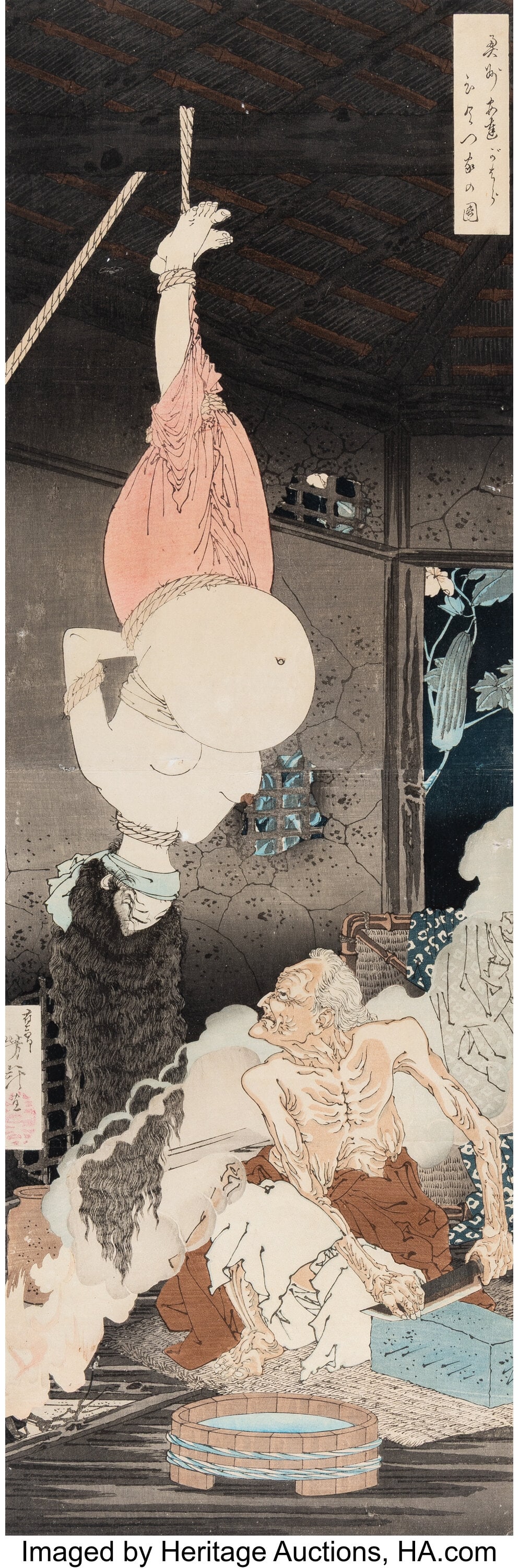 Tsukioka Yoshitoshi (Japanese, 1839-1892) The Lo: Tsukioka Yoshitoshi (Japanese, 1839-1892) The Lonely House on Adachi Moor (Oshu adachigahara hirotsuya no zu) (kakemono-e, vertical diptych), 1885 Woodb
