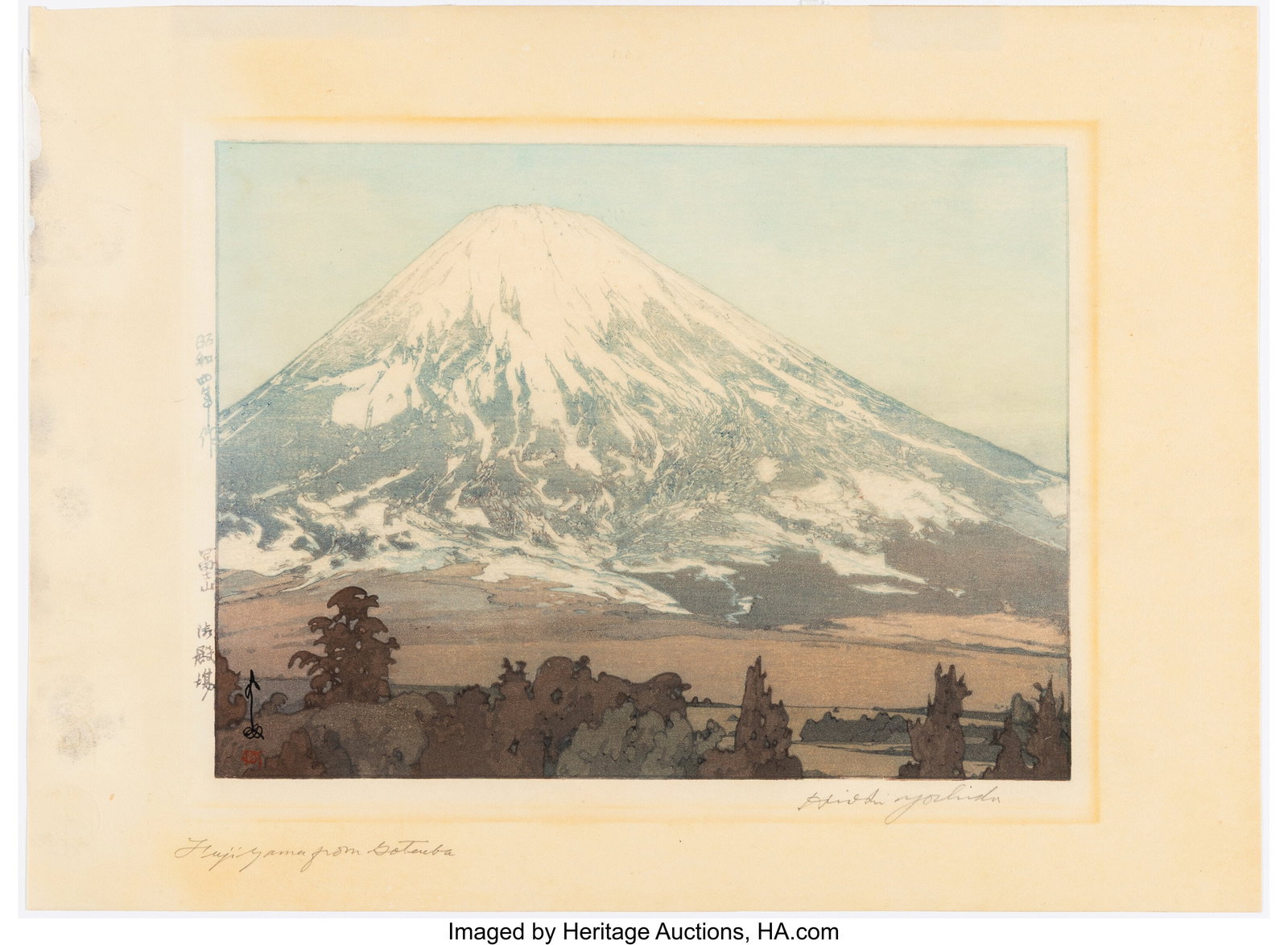 Yoshida Hiroshi (Japanese, 1876-1950) Fujiyama f: Yoshida Hiroshi (Japanese, 1876-1950) Fujiyama from Gotemba, 1929 Woodblock print 10-3/8 x 14 inches (26.4 x 35.6 cm) (sheet, aiban with wi