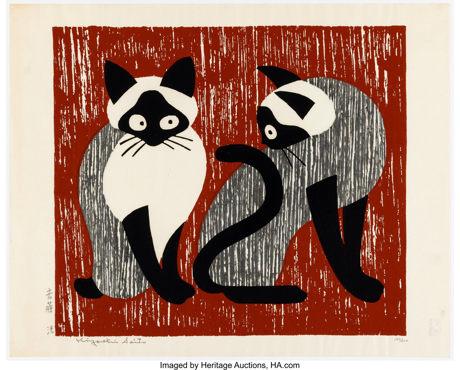 Saito Kiyoshi (Japanese, 1907-1997) Two Cats, 19: Saito Kiyoshi (Japanese, 1907-1997) Two Cats, 1955 Woodblock print embellished with mica 16 x 19-3/4 inches (40.6 x 50.2 cm) (sheet, dai-ob