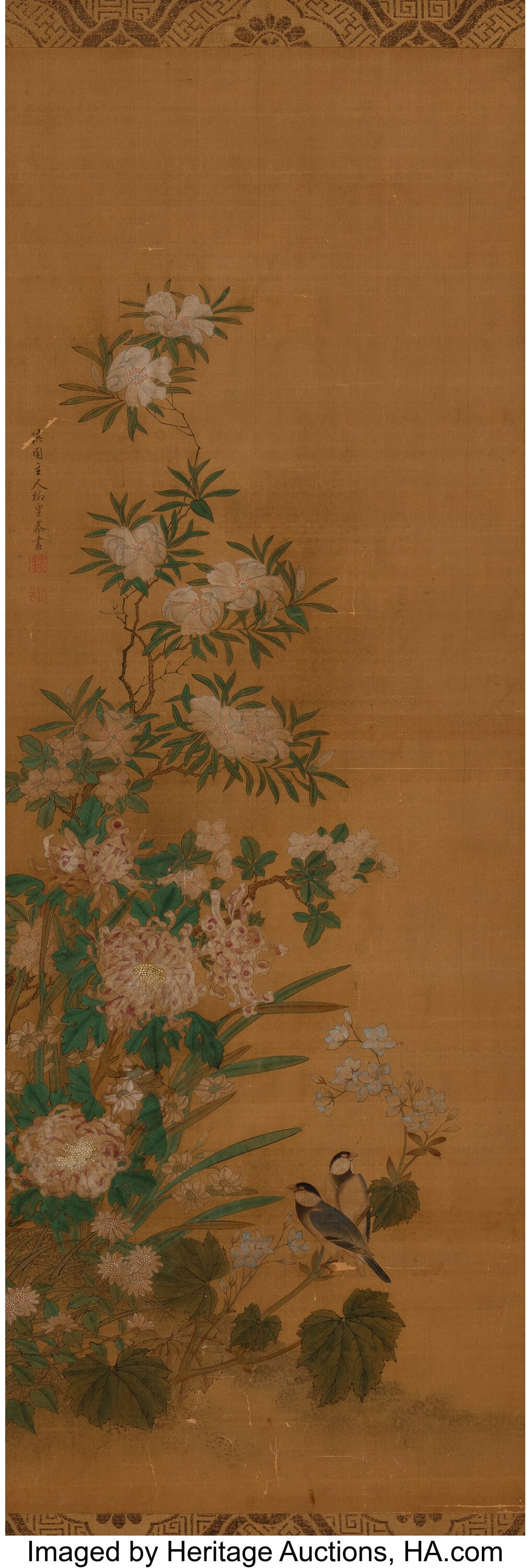 After Yanagisawa Kien (Japanese, 1703-1758) Bird: After Yanagisawa Kien (Japanese, 1703-1758) Birds and Peonies, 19th century Ink and color on silk 63-1/2 x 21-5/8 x 0-5/8 inches (161.3 x 54.9 x 1&