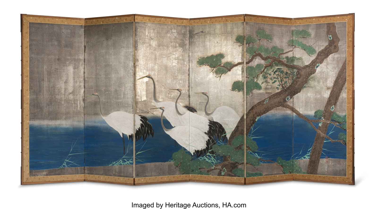 A Japanese Six-Panel Screen with Cranes by Pine : A Japanese Six-Panel Screen with Cranes by Pine Trees, early Meiji period Ink, color, and silver leaf on paper Signed Tōkaku with two red ink seals 66-3/4 x 146 inches &lpa