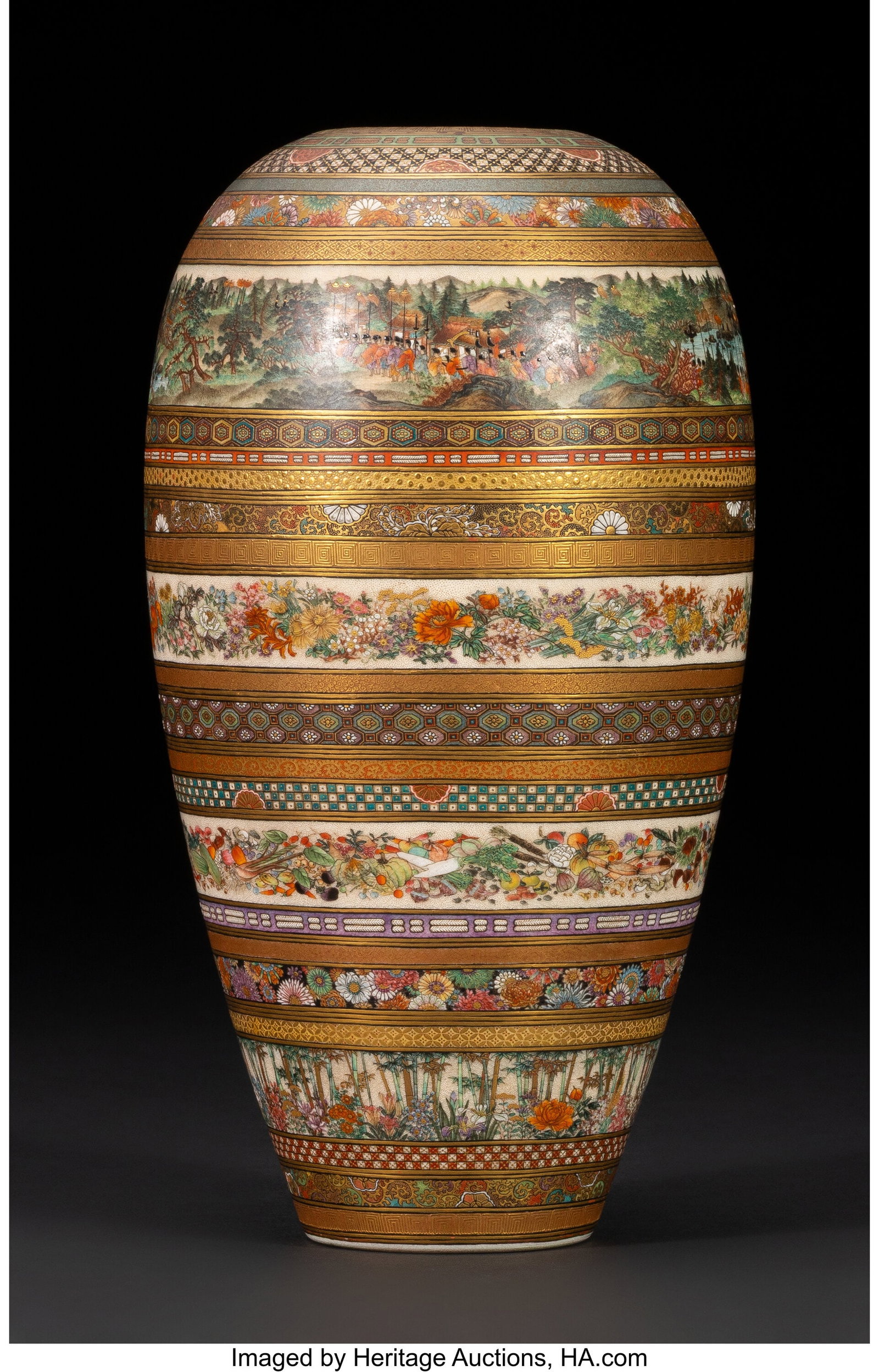 An Exquisite Japanese Satsuma Vase by Okada Jiza: An Exquisite Japanese Satsuma Vase by Okada Jizan, 1905 Marks: Dai Nihon Kinkozan Seizo; the base painted with trompe-l'œil banners signed Okada Jizan, inscribed with the 
