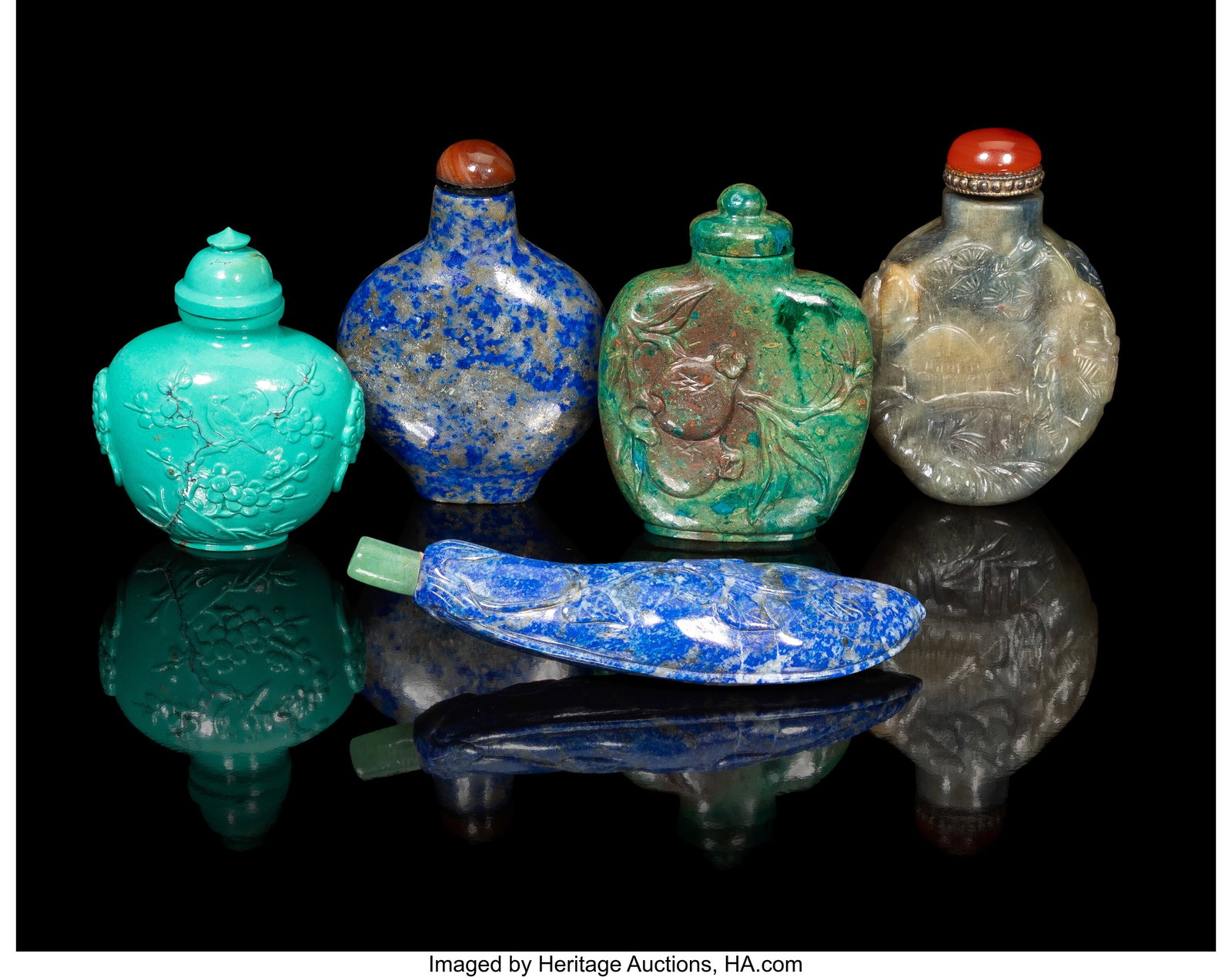 A Group of Five Chinese Hardstone Snuff Bottles, (1 of 3)