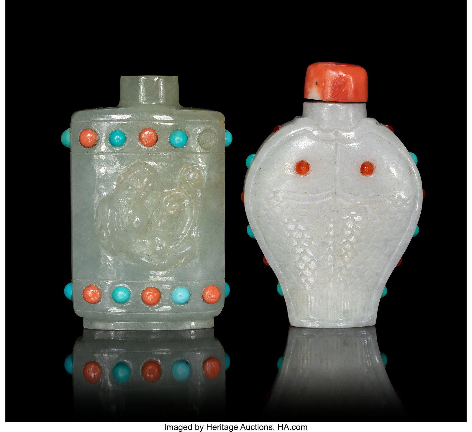 Two Chinese Carved Jadeite Snuff Bottles with Tu (1 of 2)