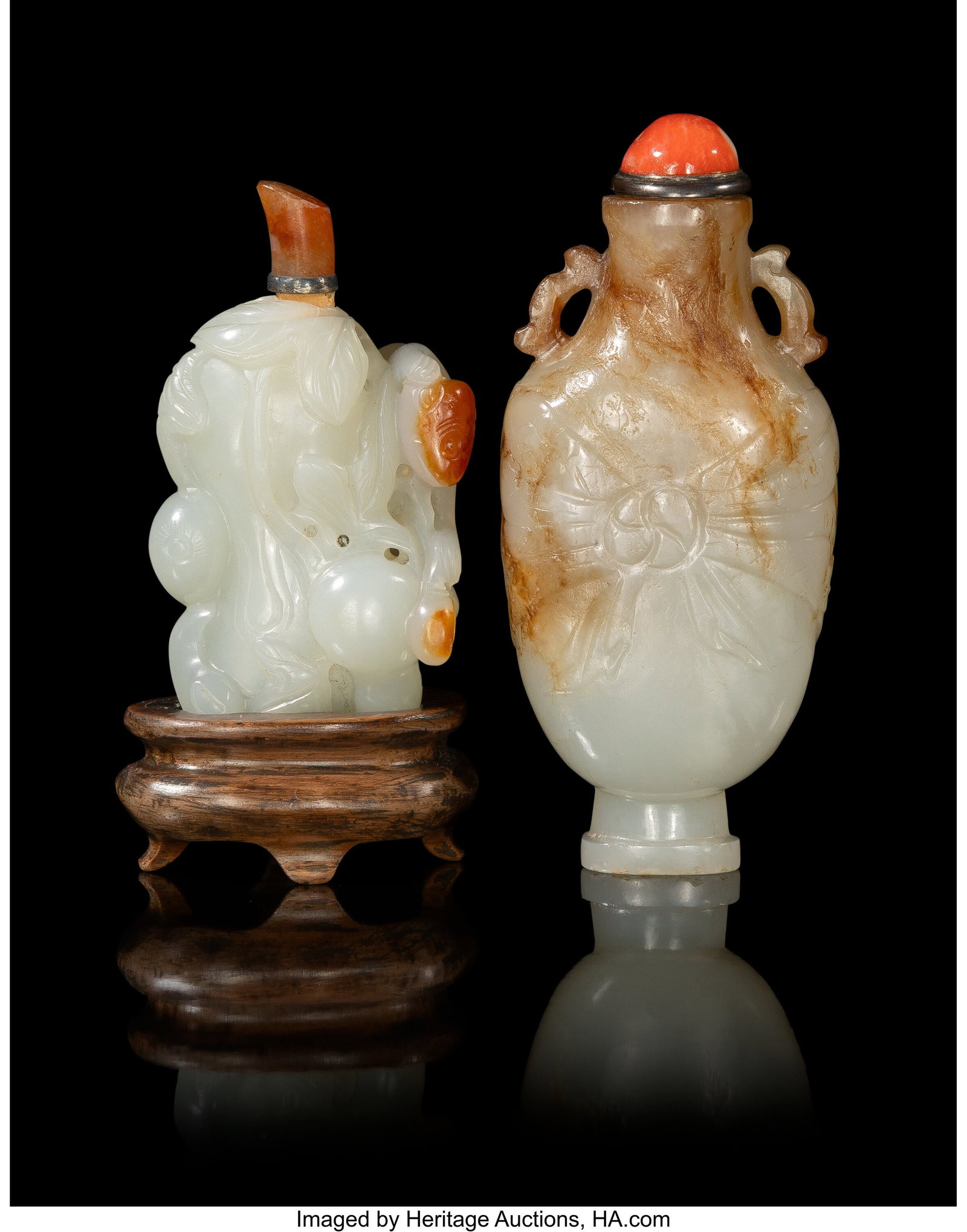 Two Chinese Carved Jade Snuff Bottles, 19th cent: Two Chinese Carved Jade Snuff Bottles, 19th century 3-1/4 x 1-1/2 x 0-5/8 inches (8.3 x 3.8 x 1.6 cm) (tallest) Property from the Estate of a