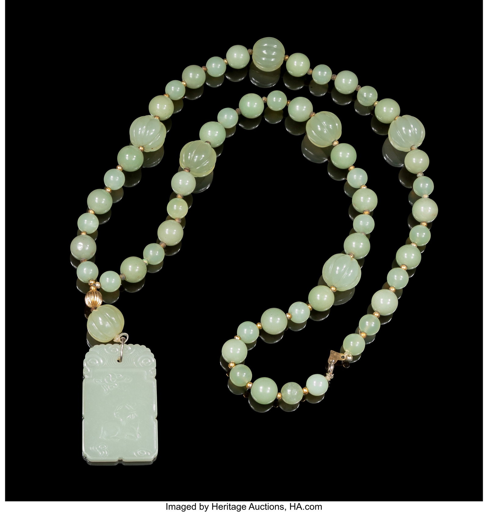 A Chinese Celadon Jade 'Ram' Plaque with Serpent: A Chinese Celadon Jade 'Ram' Plaque with Serpentine Bead Necklace, 20th century Marks to heart-shaped connector: ©, CH, gioiello, 14KT Pendant: 2-1/8 x 1-1