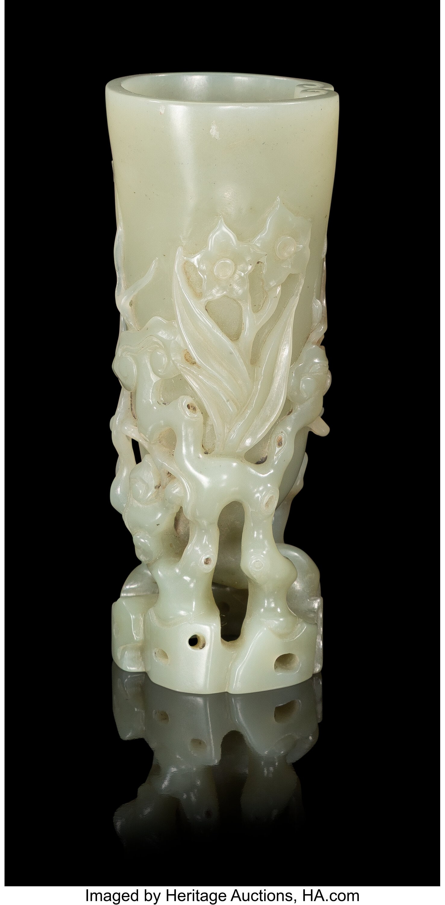 A Chinese Carved Celadon Jade Brush Holder, 20th (1 of 4)