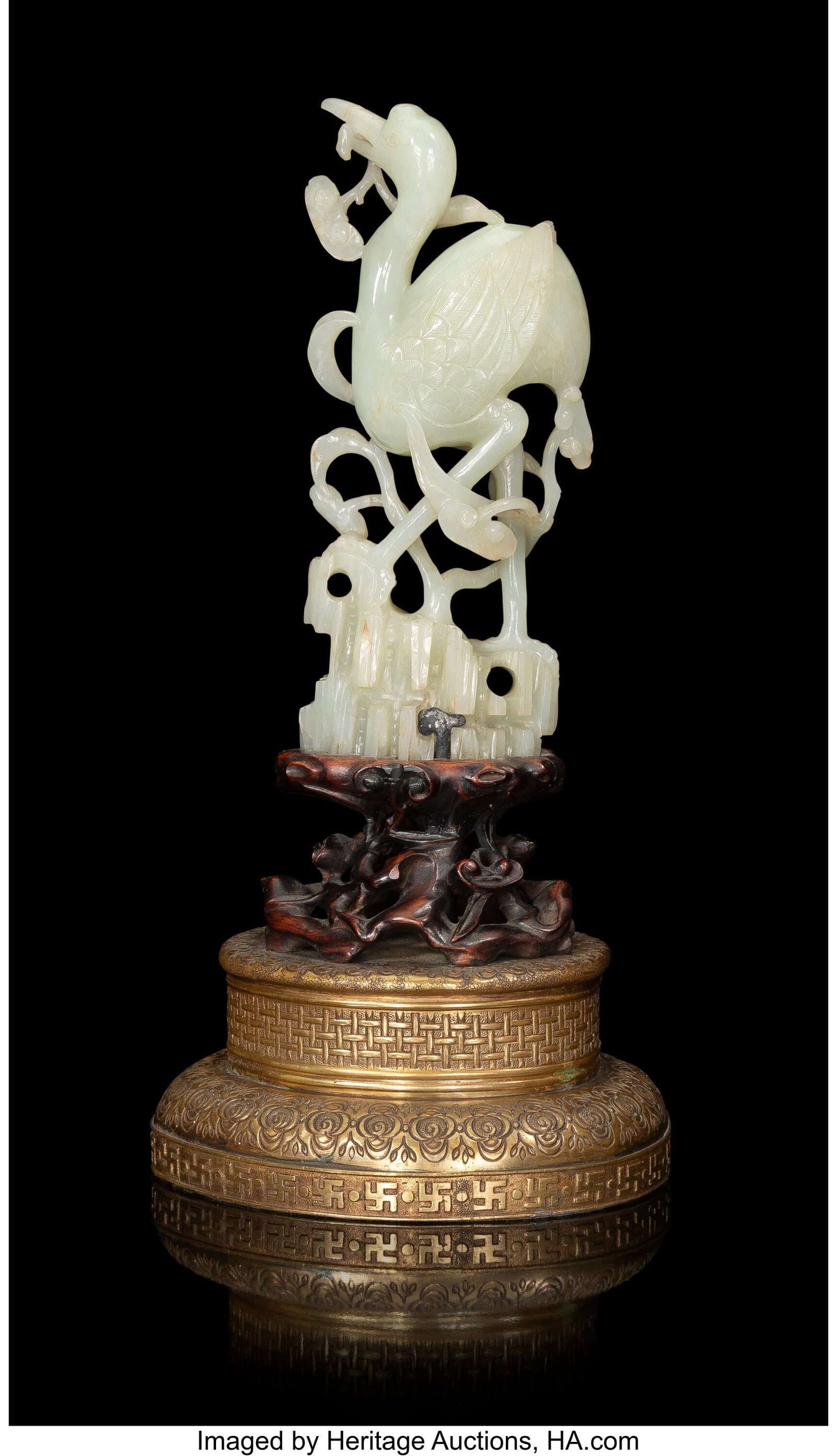 A Chinese Carved Jade Figure of a Crane Mounted : A Chinese Carved Jade Figure of a Crane Mounted on Lamp Base, 19th/20th century 13-1/2 x 6-1/2 x 5-5/8 inches (34.3 x 16.5 x 14.3 cm) HID0310106202