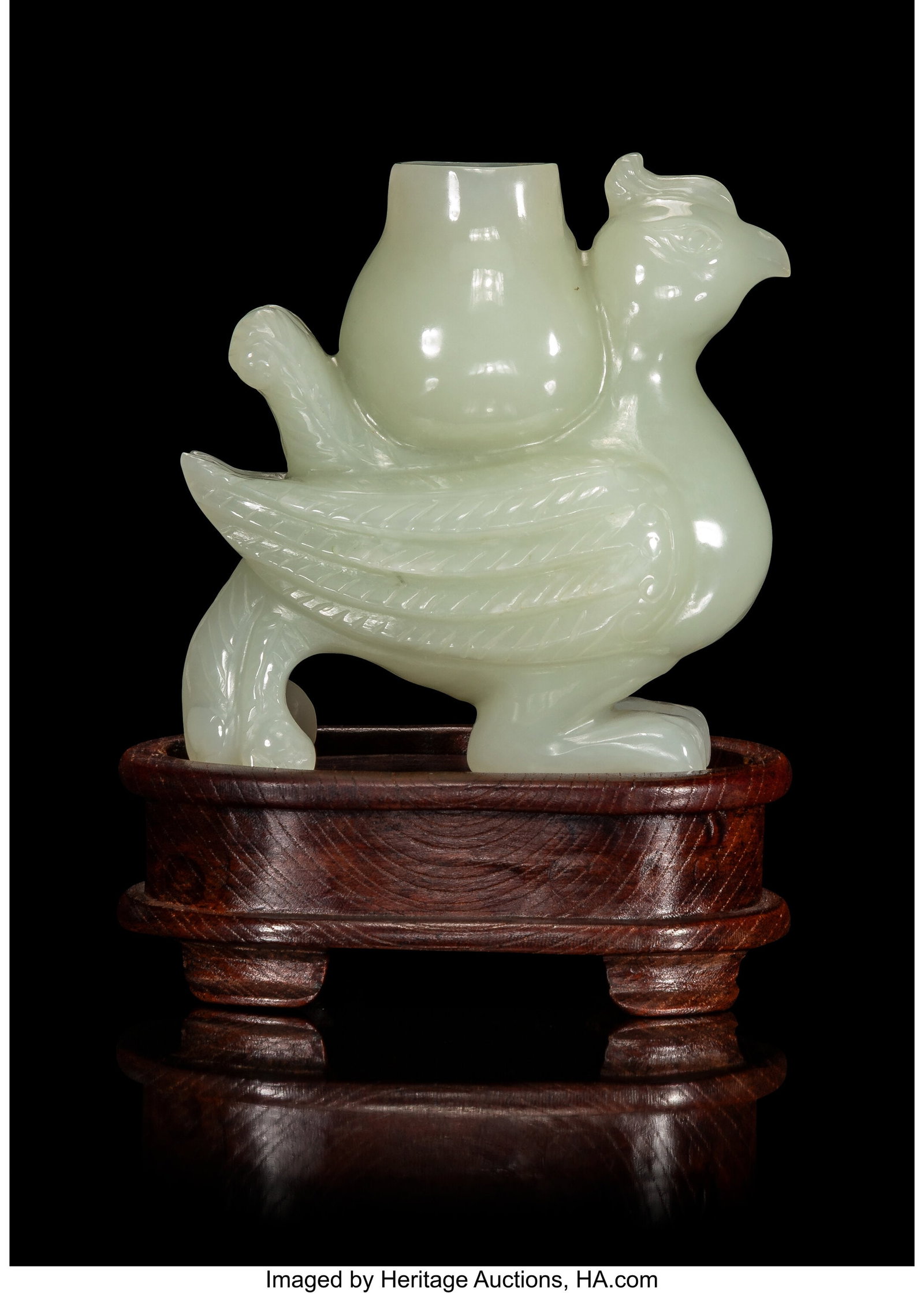 A Chinese Carved Jade Phoenix-Form Vase, 20th ce: A Chinese Carved Jade Phoenix-Form Vase, 20th century 3-1/2 x 3-1/2 x 1-3/4 inches (8.9 x 8.9 x 4.4 cm) (work) 4-3/4 x 4 x 2-1/8 inch