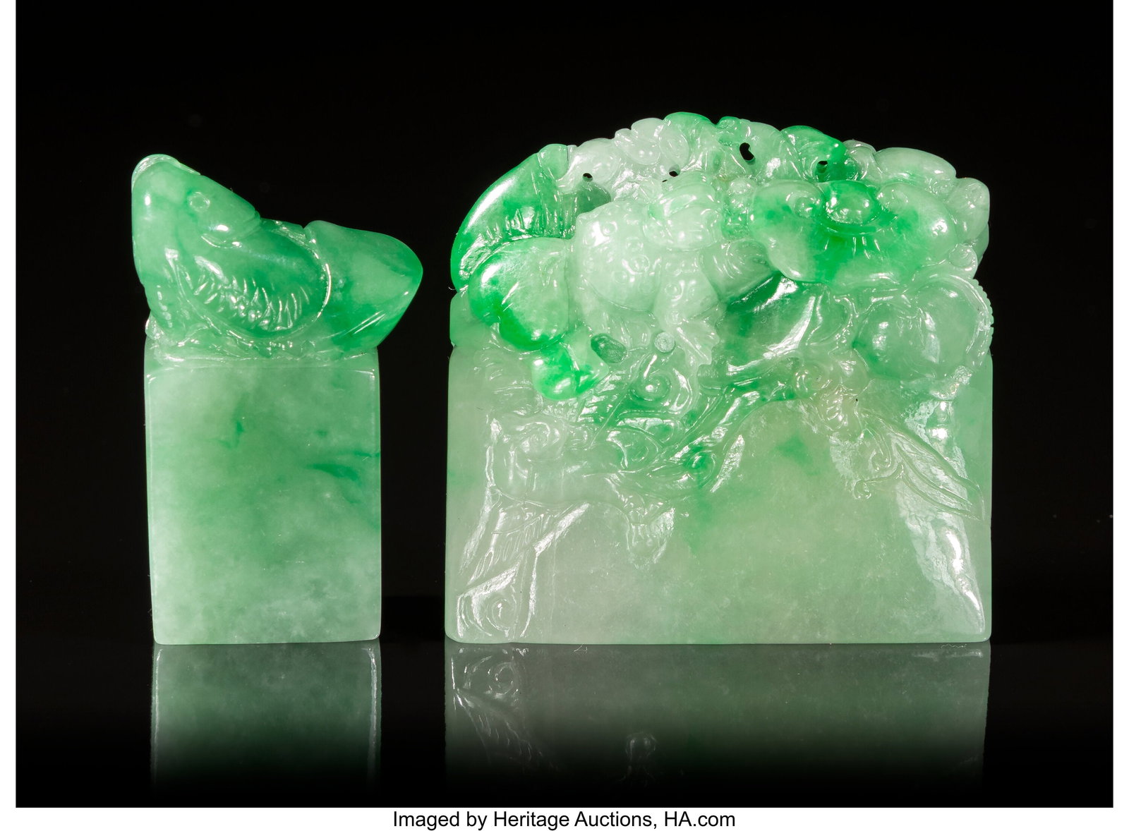 Two Chinese Carved Jadeite Seals, 20th century 2: Two Chinese Carved Jadeite Seals, 20th century 2 x 2-1/8 x 0-5/8 inches (5.1 x 5.4 x 1.6 cm) (largest) HID03101062020 © 2026 Heritage Auctio