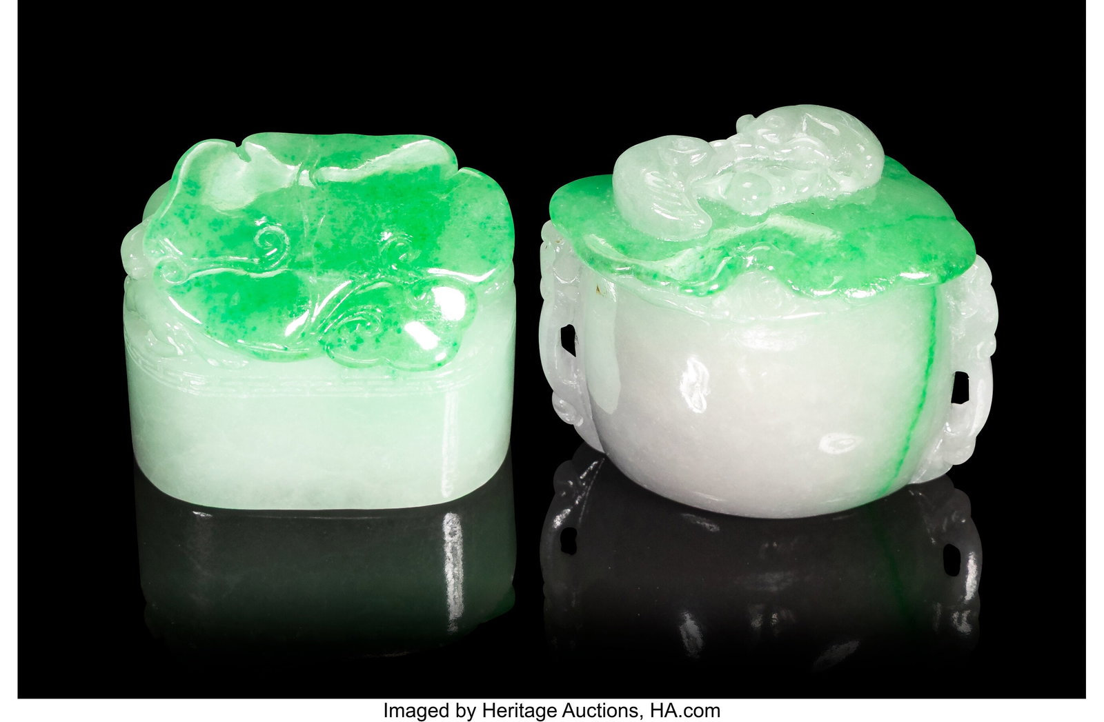 Two Chinese Carved Jadeite, 20th century 1-1/2 x: Two Chinese Carved Jadeite, 20th century 1-1/2 x 1-7/8 x 1-1/4 inches (3.8 x 4.8 x 3.2 cm) (tallest) HID03101062020 © 2026 Heritage Auct