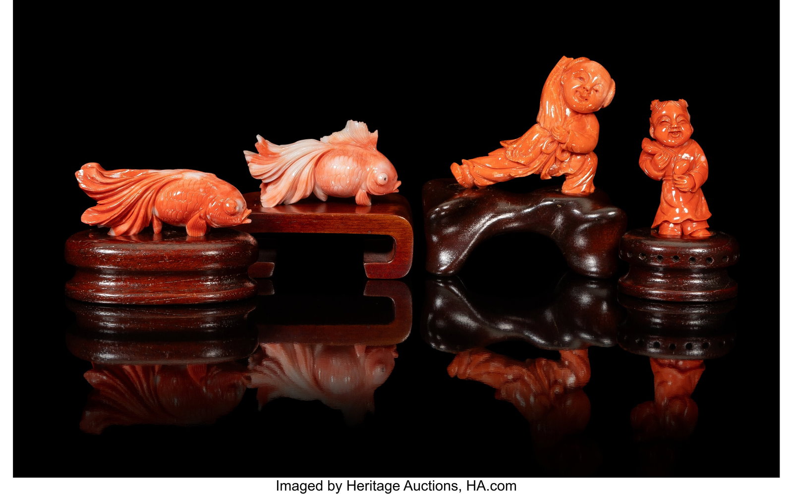 A Group of Four Chinese Coral Carvings, 20th cen: A Group of Four Chinese Coral Carvings, 20th century 2 x 2-1/8 x 0-1/2 inches (5.1 x 5.4 x 1.3 cm) (tallest, work) 3-1/4 x 3 x 1-3/