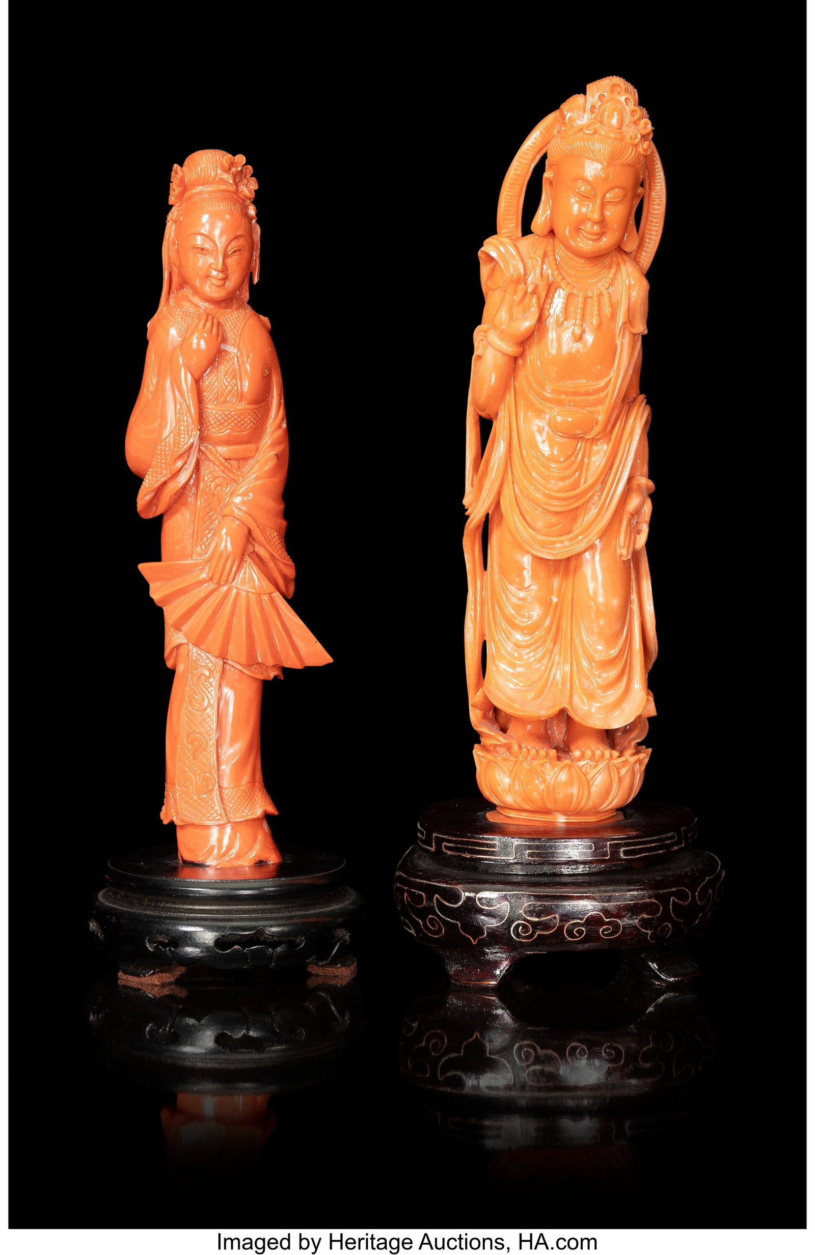 Two Chinese Carved Coral Figures, 20th century 7: Two Chinese Carved Coral Figures, 20th century 7-1/2 x 3 x 2-1/4 inches (19.1 x 7.6 x 5.7 cm) (tallest, overall) 474 grams (overall&rp