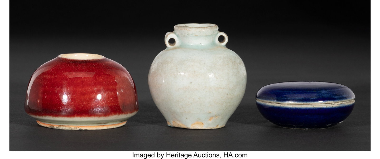 A Group of Three Chinese Scholars' Objects, Qing: A Group of Three Chinese Scholars' Objects, Qing dynasty 2-3/8 x 2-1/4 inches (6.0 x 5.7 cm) (diam.), (tallest, jar) The lo