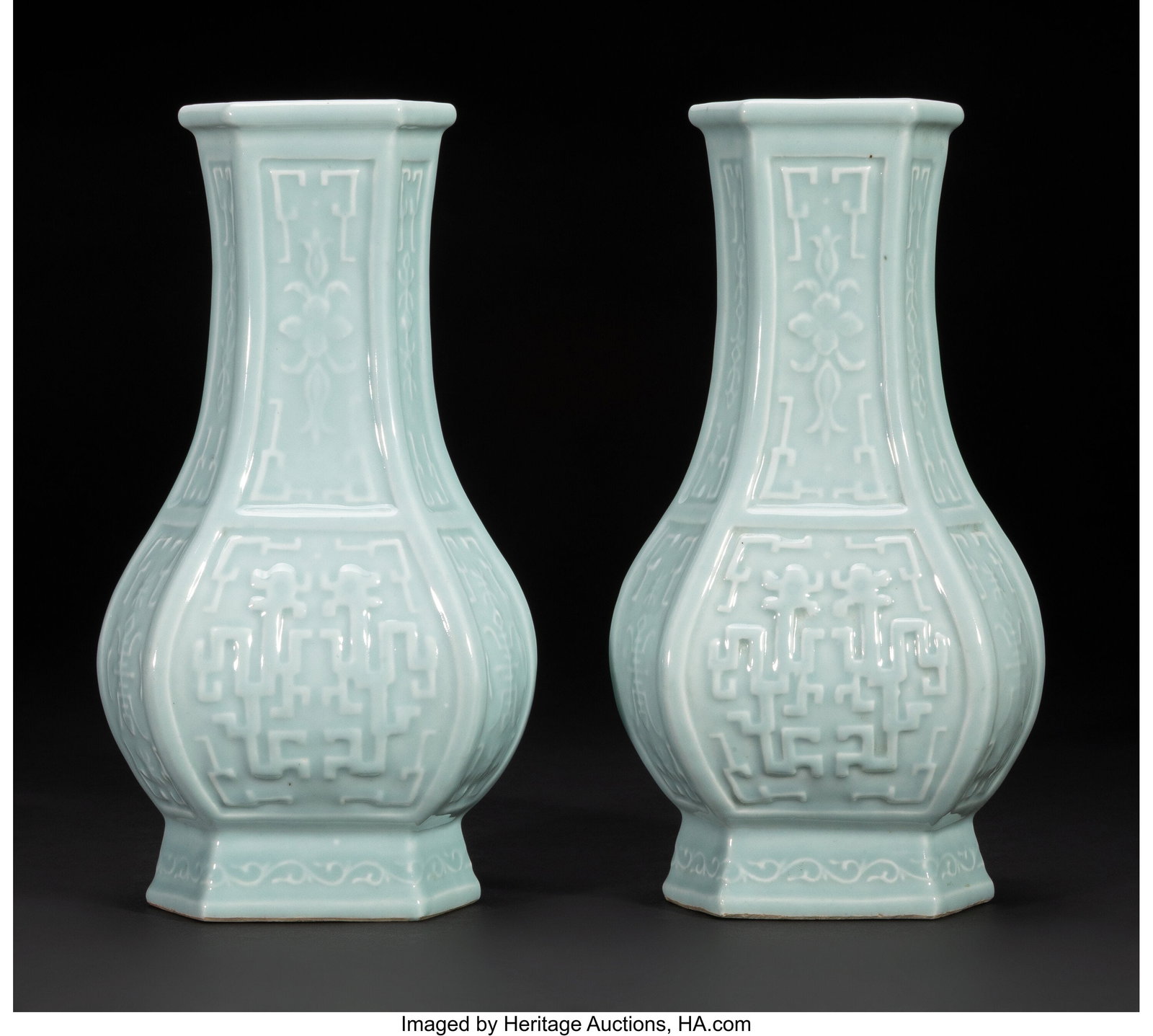 A Pair of Chinese Blue-Glazed Hexagonal Vases, 2 (1 of 4)
