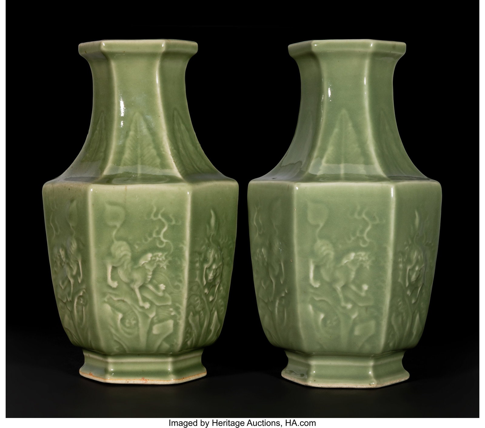 A Pair of Chinese Celadon-Glazed Hexagonal Vases: A Pair of Chinese Celadon-Glazed Hexagonal Vases, 20th century 11-3/8 x 6 x 6 inches (28.9 x 15.2 x 15.2 cm) (each) HID03101062020 © 2026 Herita