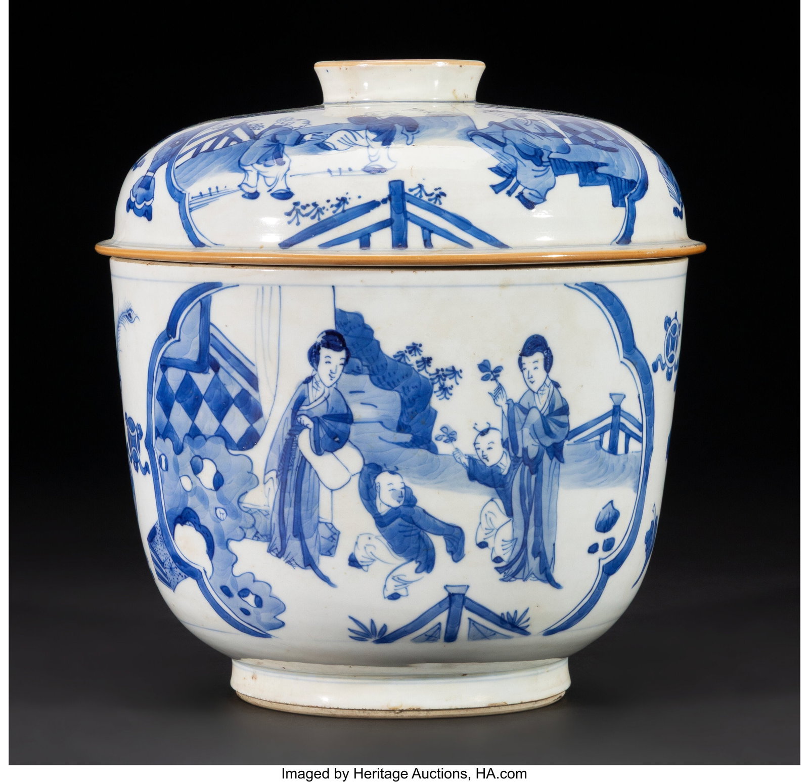 A Chinese Blue and White Figural and "Hundred An: A Chinese Blue and White Figural and "Hundred Antiques" Covered Jar, Kangxi period 9-3/4 x 8-3/4 inches (24.8 x 22.2 cm) (diam.) HID03101062020 &
