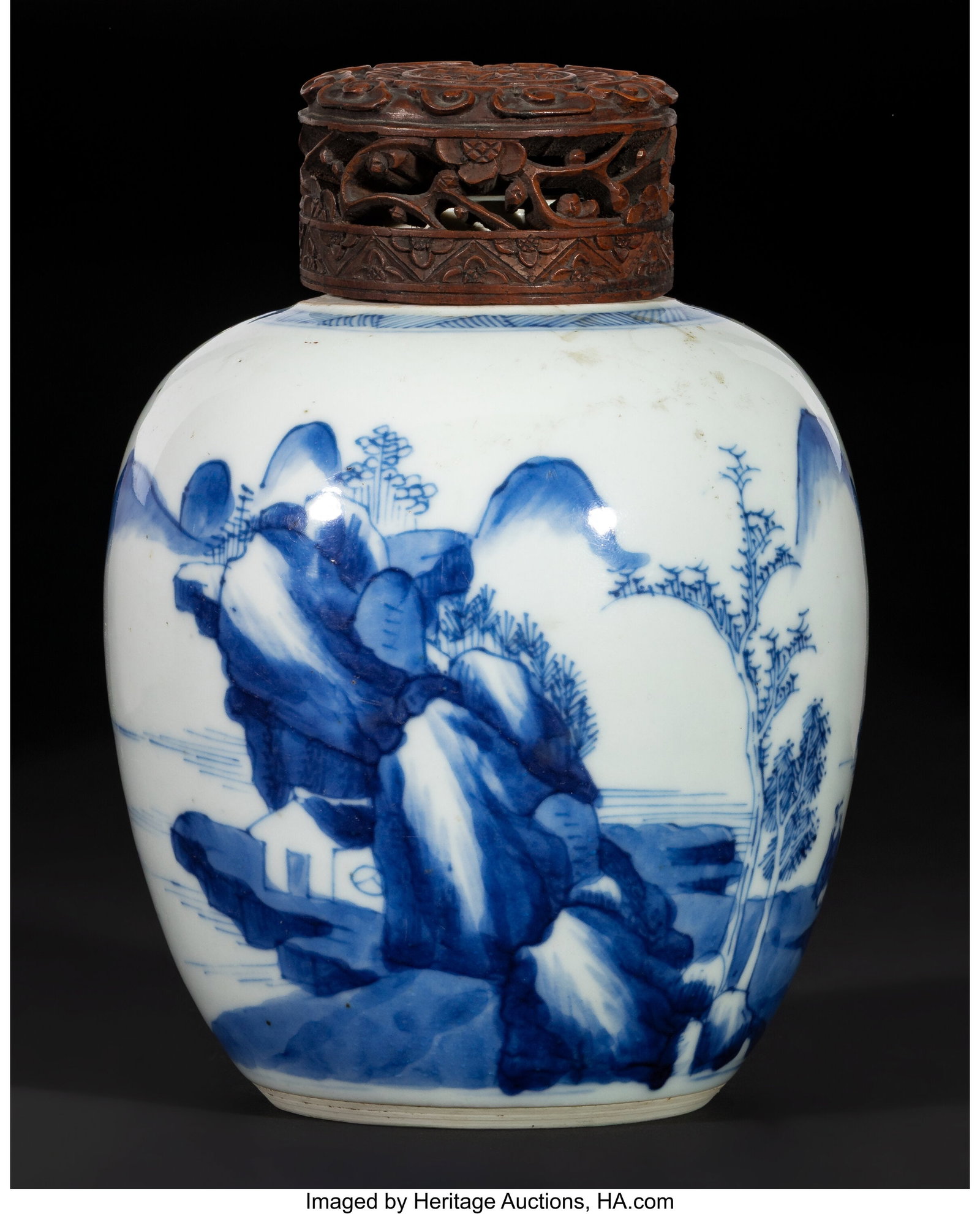 A Chinese Blue and White Jarlet with Carved Wood (1 of 3)