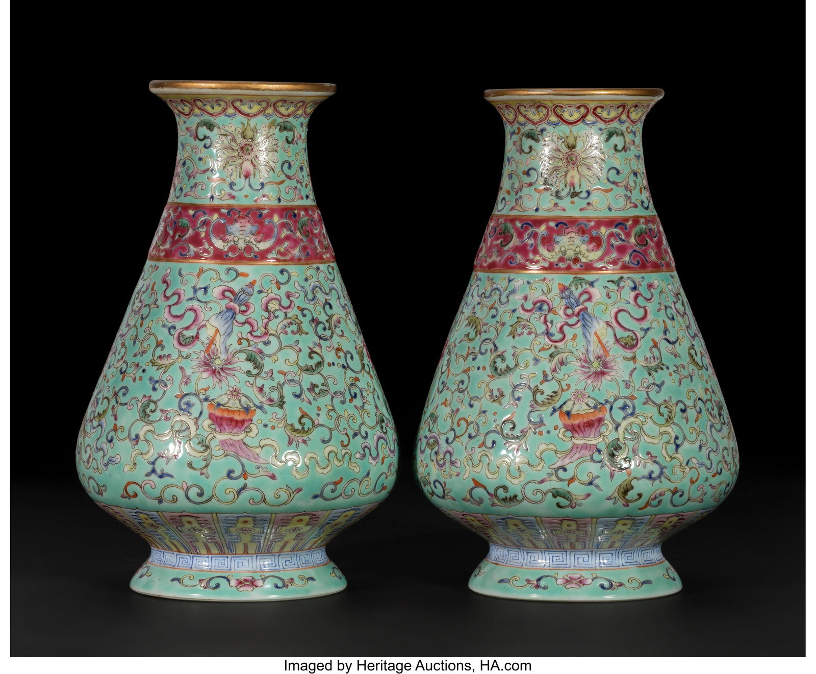 A Pair of Chinese Famille Rose Turquoise-Ground : A Pair of Chinese Famille Rose Turquoise-Ground 'Bajixiang' Vases, Republic period Marks: four-character Qianlong mark 8 x 4-1/2 inches (20.3 x 11.4 cm) (d