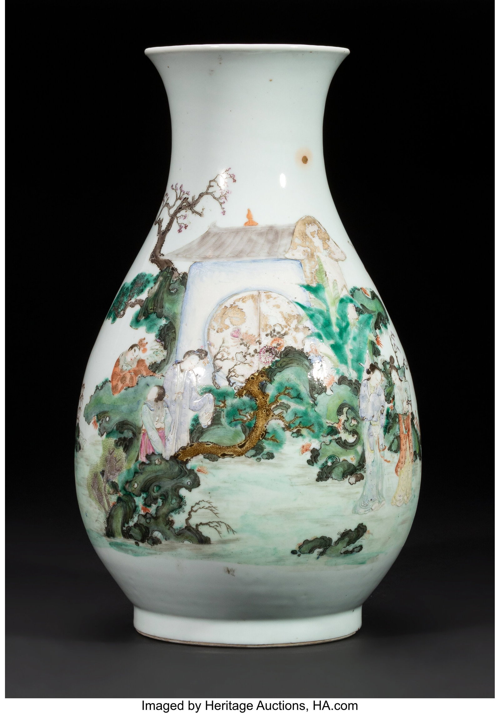 A Chinese Famille Rose Figural Vase, Republic pe: A Chinese Famille Rose Figural Vase, Republic period Marks: apocryphal iron-red six-character Qianlong mark 15-1/2 x 7-1/2 inches (39.4 x 19.1 cm) (dia