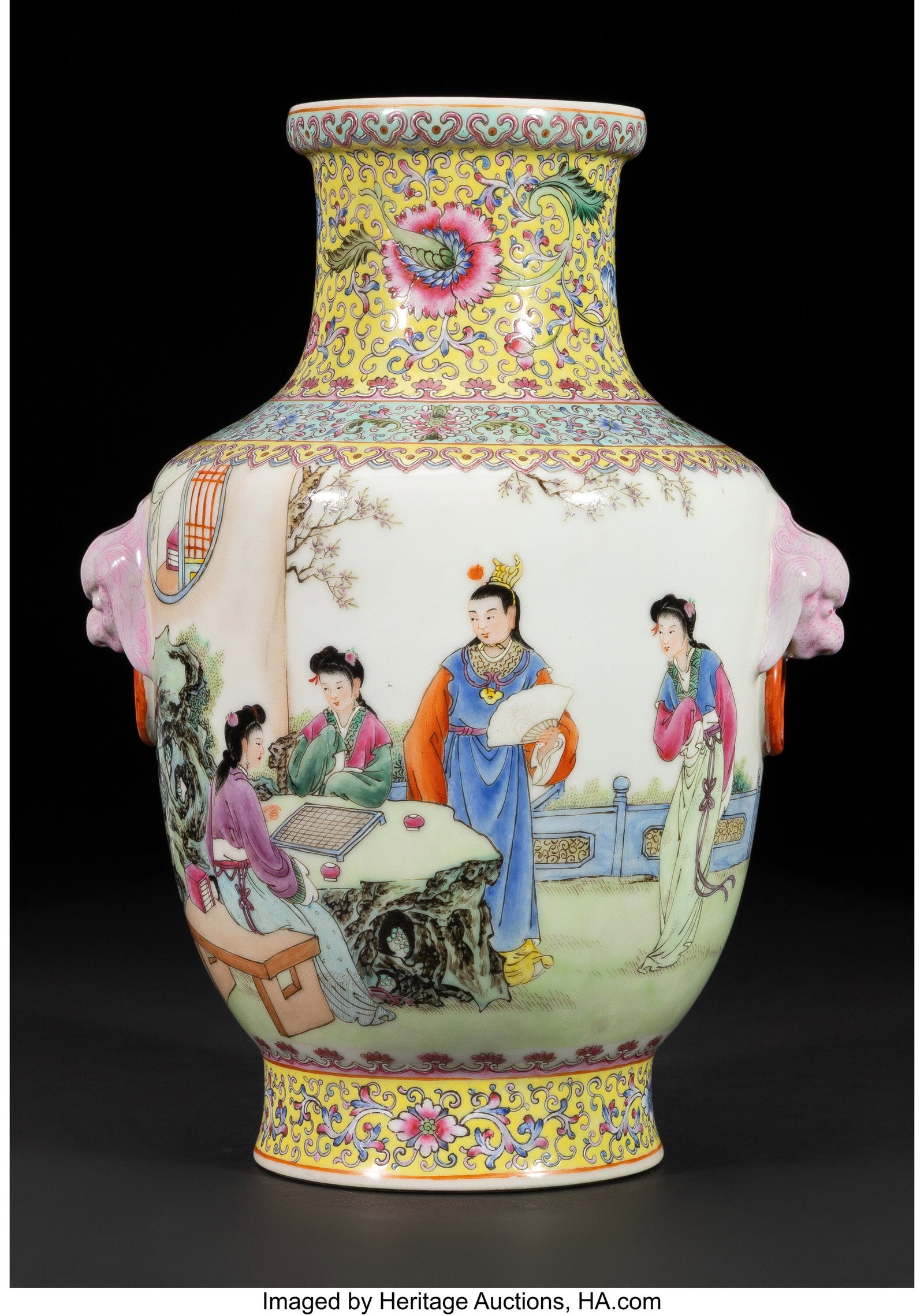 A Chinese Famille Rose Figural Vase, Republic pe: A Chinese Famille Rose Figural Vase, Republic period Marks: apocryphal iron-red four-character Qianlong mark 11 x 8-1/2 x 7 inches (27.9 x 21.6 x 17.8 cm&rpar
