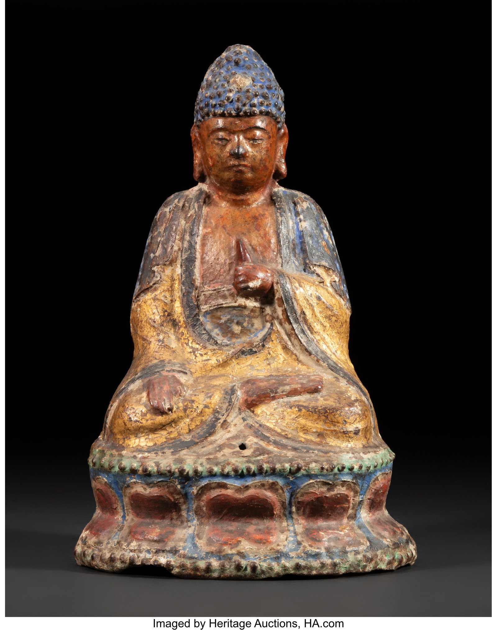 A Chinese Gilt and Polychrome Cast Iron Seated B: A Chinese Gilt and Polychrome Cast Iron Seated Buddha, late Ming dynasty 13-1/2 x 8-1/2 x 5-1/2 inches (34.3 x 21.6 x 14.0 cm) Property from the Estate