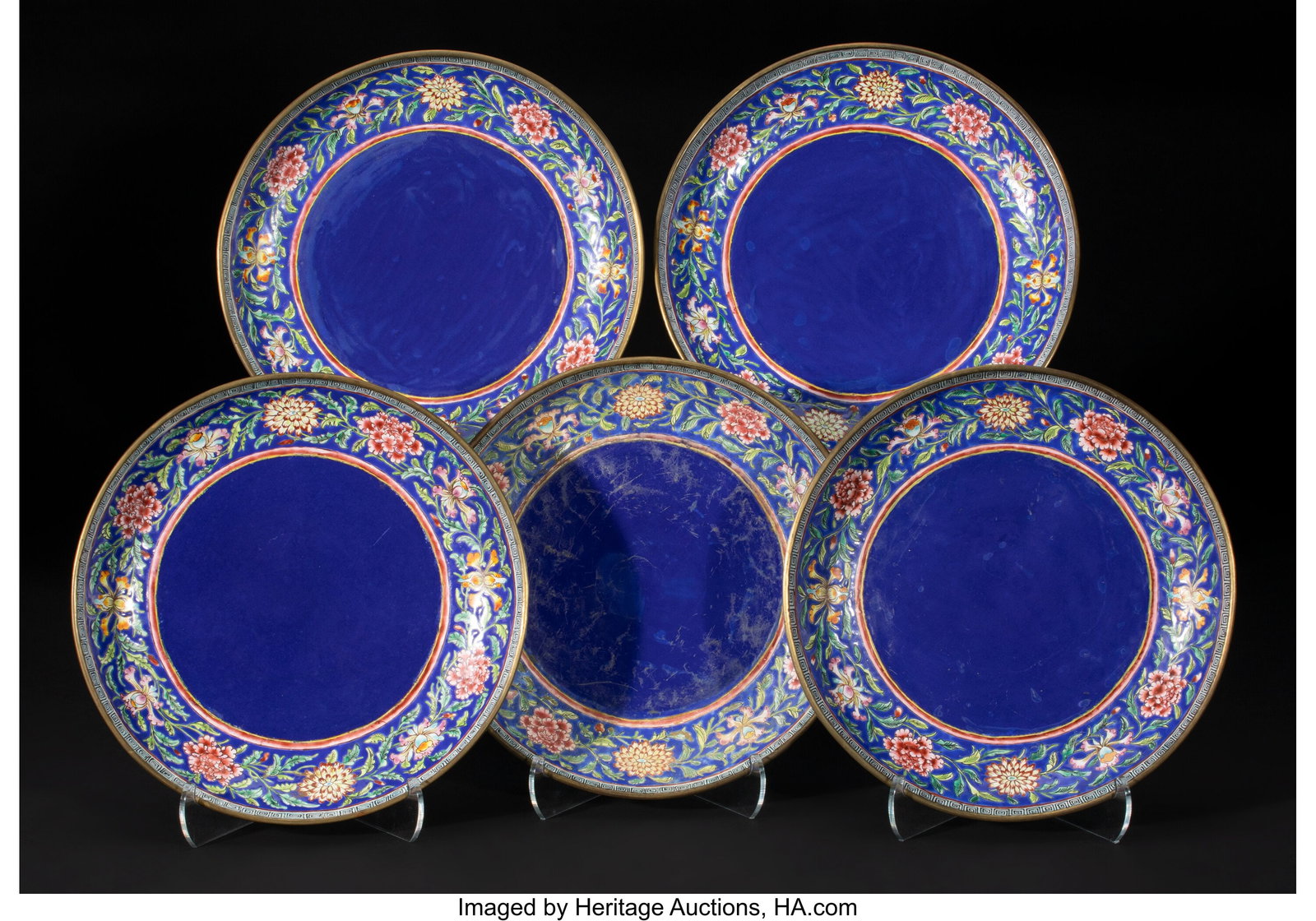 A Set of Five Chinese Copper Enameled Blue-Groun: A Set of Five Chinese Copper Enameled Blue-Ground Dishes, 19th century 1-1/2 x 8-7/8 inches (3.8 x 22.5 cm) (each, diam.) each featuring a 