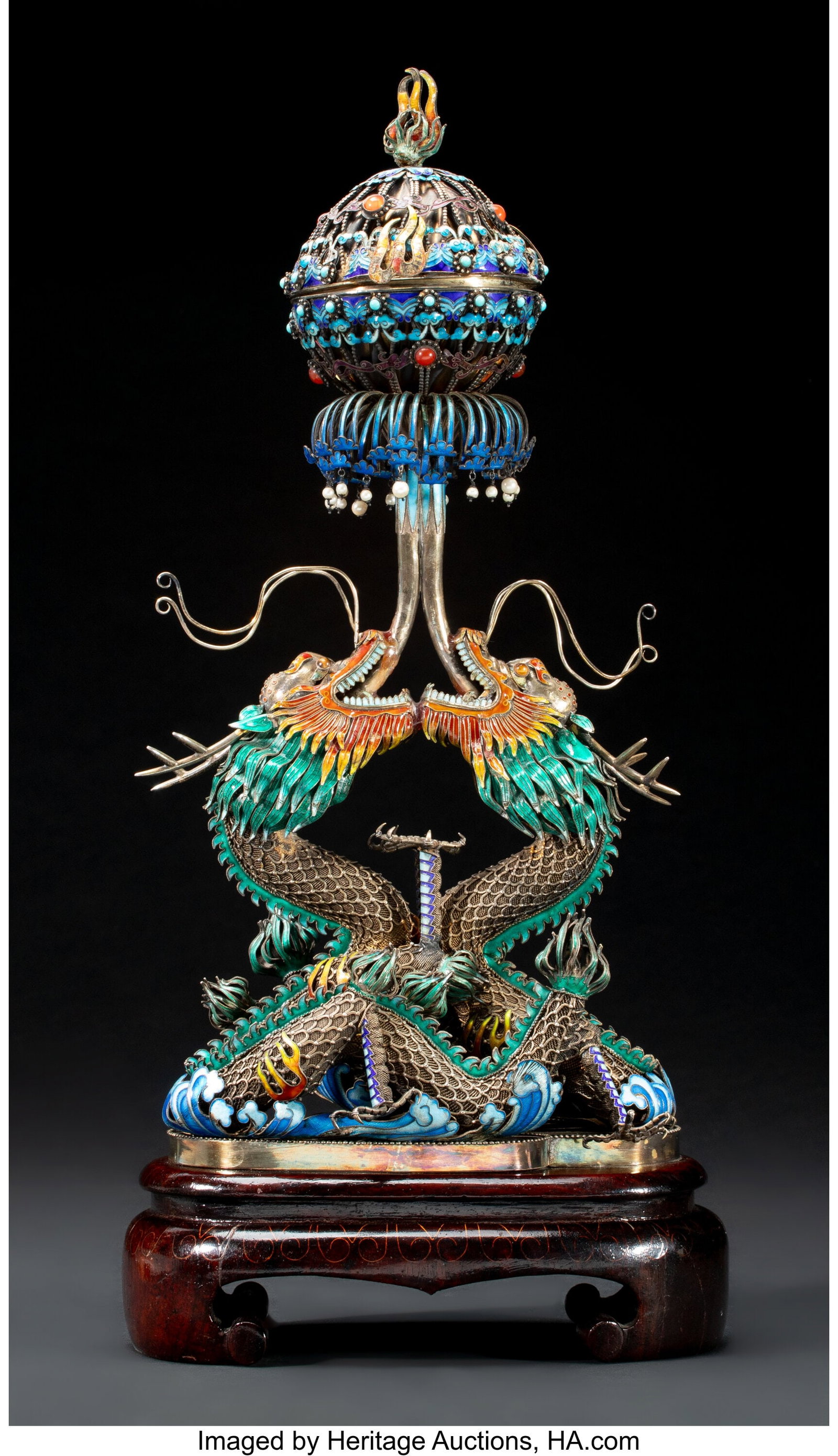 A Chinese Enameled Silver Filigree 'Dragons' Cen: A Chinese Enameled Silver Filigree 'Dragons' Censer, 20th century 18 x 8-1/4 x 4-1/2 inches (45.7 x 21.0 x 11.4 cm) (overall) HID03101062020 &cop