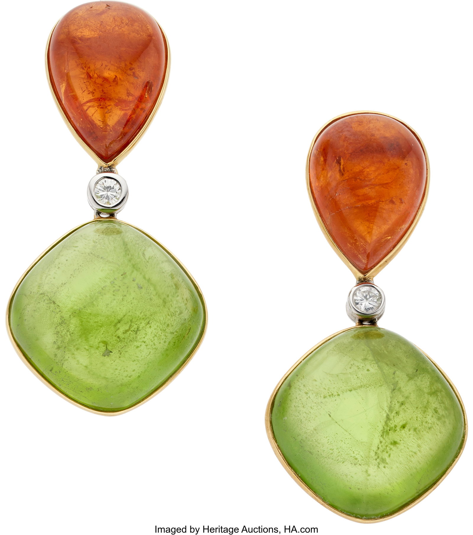 Peridot, Amber, Diamond, Gold Earrings Stones: : Peridot, Amber, Diamond, Gold Earrings Stones: Peridot cabochons; amber cabochons; full-cut diamonds weighing a total of approximately 0.15 carat Metal: 